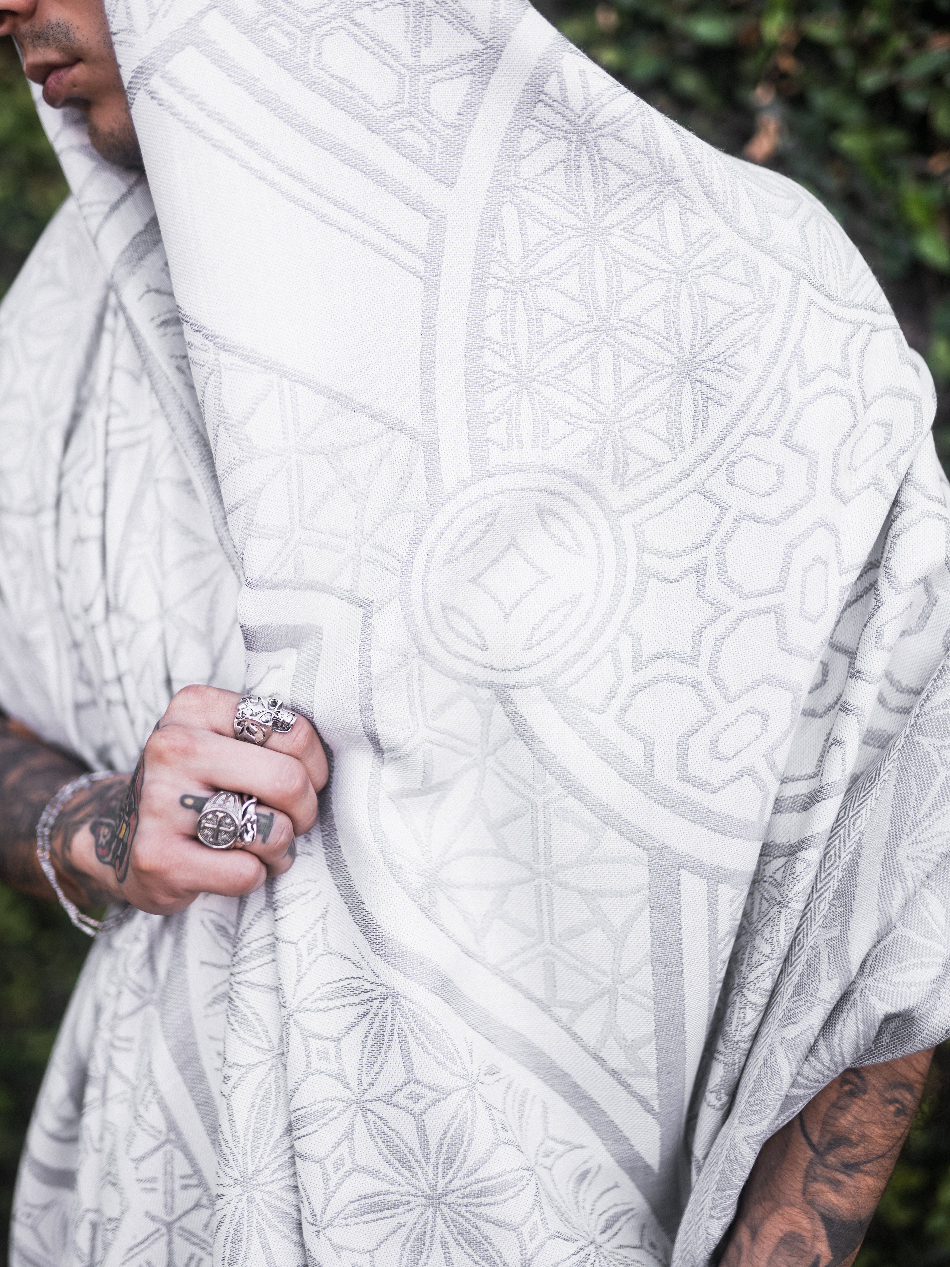GEOMETRY OF BEING ✦ White Tassel w/ Silver Print ✦ Festival Shawl Shawls