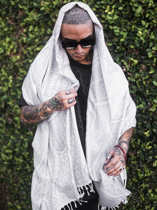 GEOMETRY OF BEING ✦ White Tassel w/ Silver Print ✦ Festival Shawl Shawls