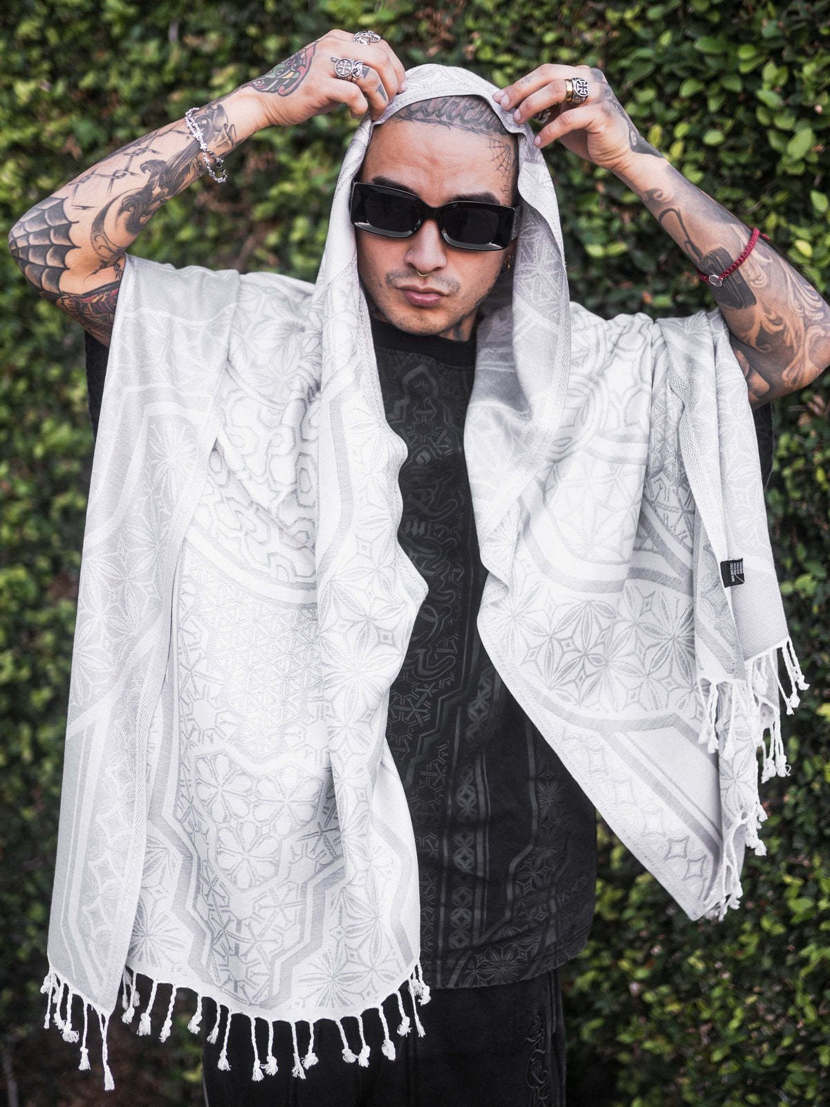 GEOMETRY OF BEING ✦ White Tassel w/ Silver Print ✦ Festival Shawl Shawls