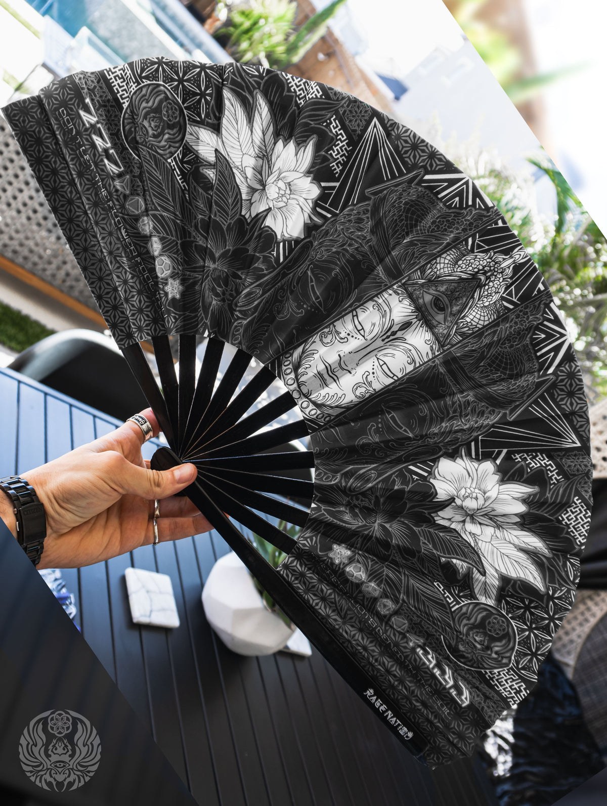 WOUNDS TO WISDOM • SILVER UV REACTIVE • Double-sided XL Bamboo Folding Fan w/ Carrier Bag Fan