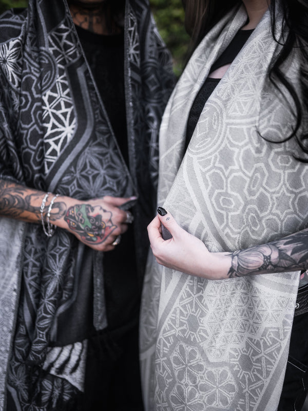 GEOMETRY OF BEING ✦ White Tassel w/ Silver Print ✦ Festival Shawl Shawls