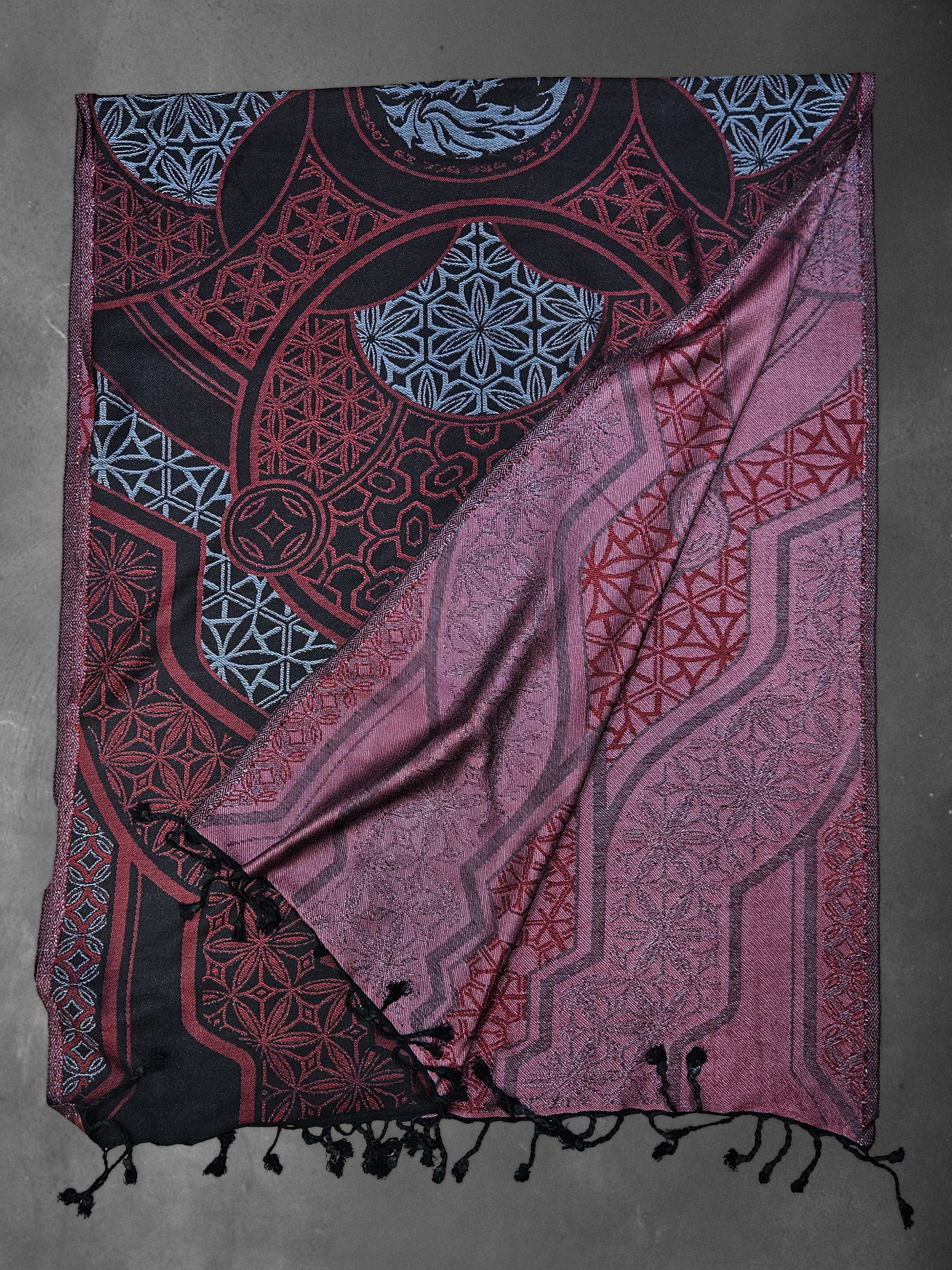 GEOMETRY OF BEING ✦ Crimson/Grey ✦ Festival Shawl Shawls