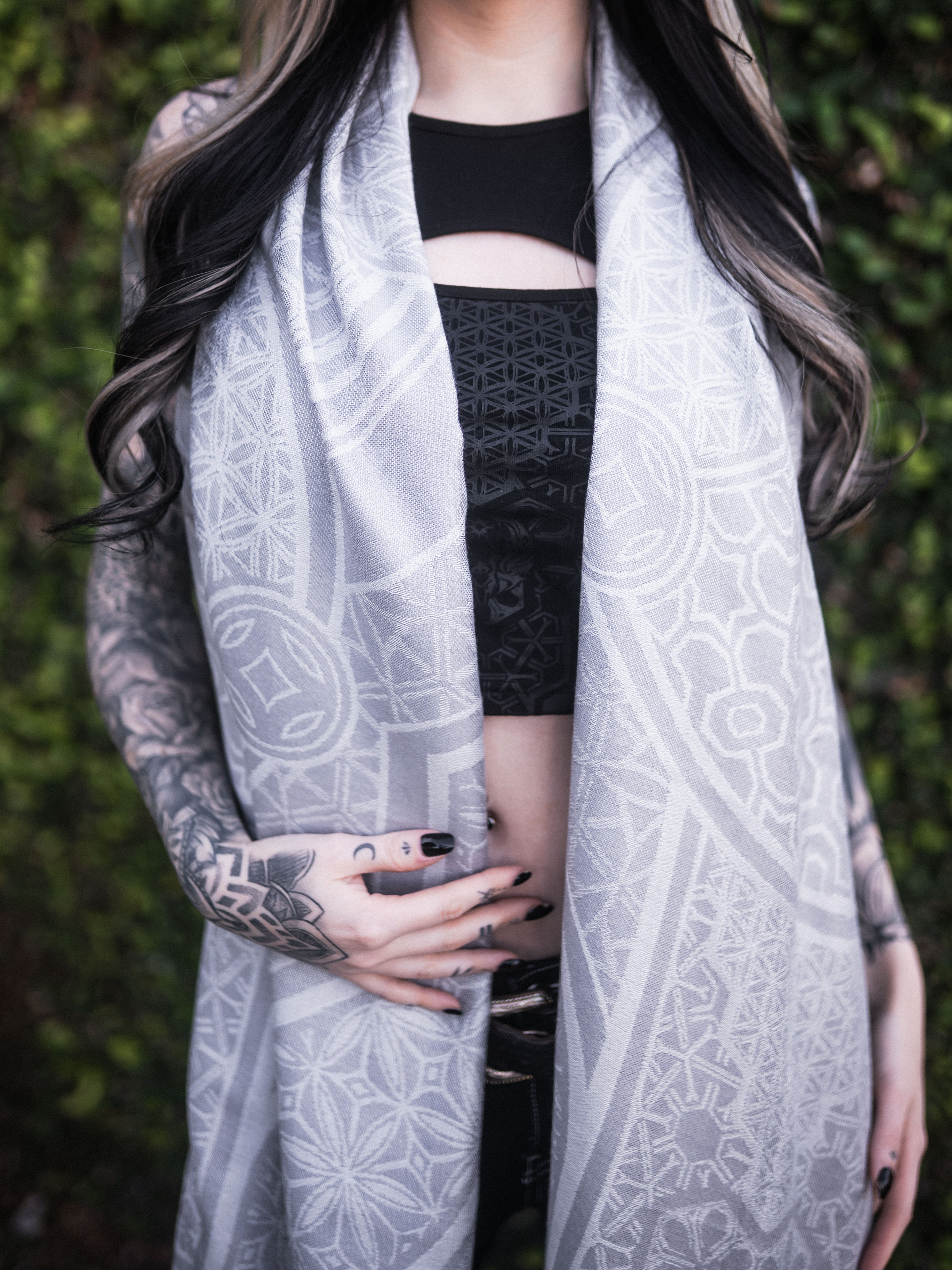 GEOMETRY OF BEING ✦ White Tassel w/ Silver Print ✦ Festival Shawl Shawls