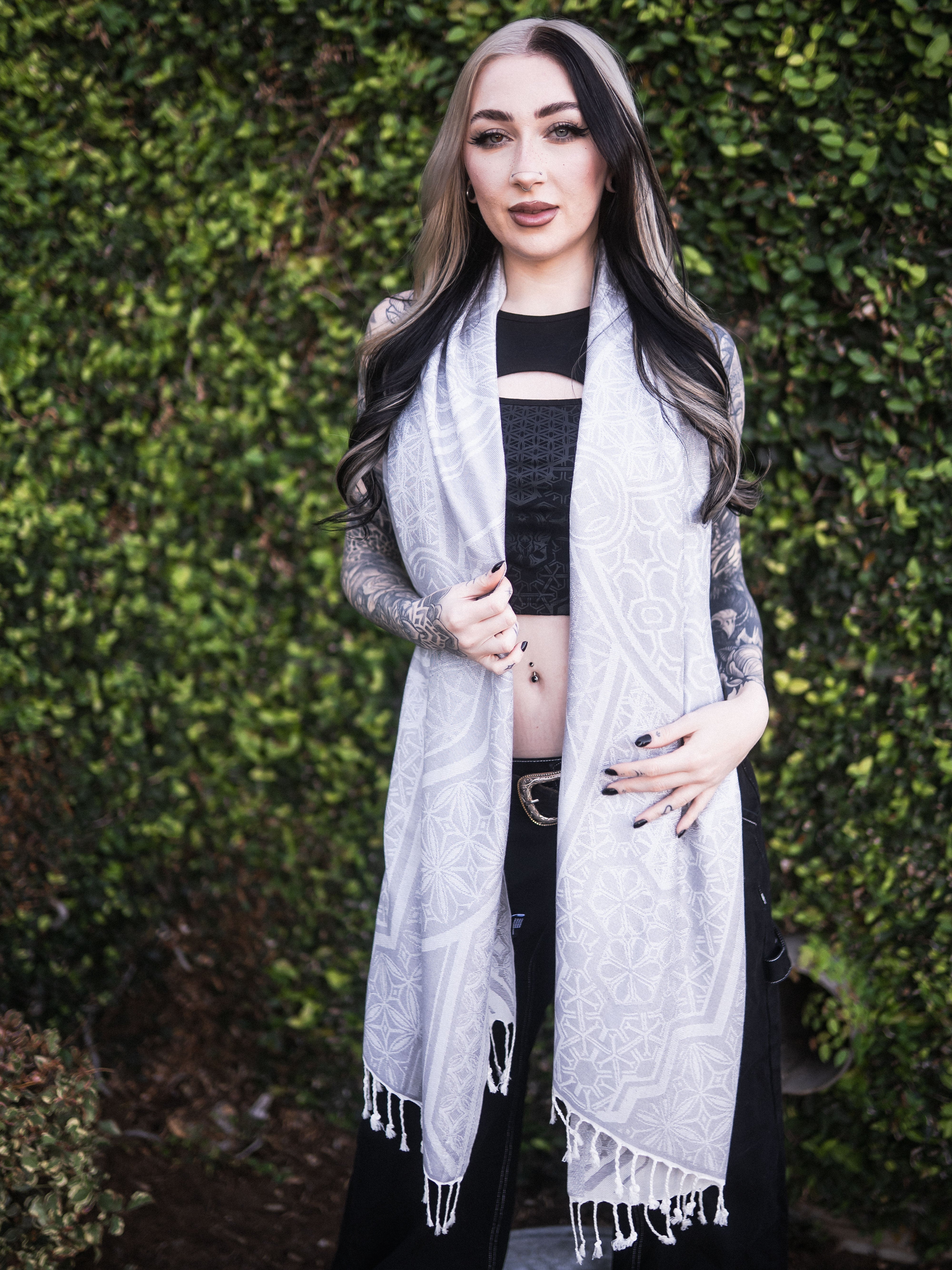 GEOMETRY OF BEING ✦ White Tassel w/ Silver Print ✦ Festival Shawl Shawls