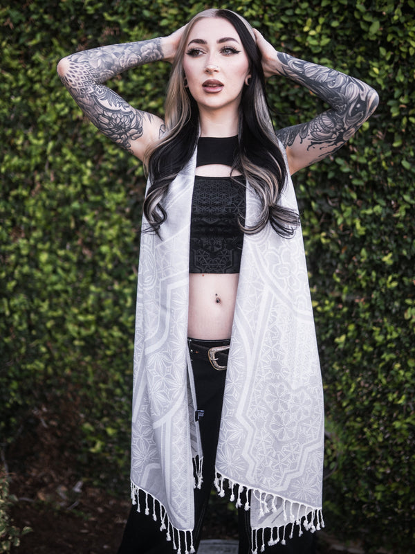 GEOMETRY OF BEING ✦ White Tassel w/ Silver Print ✦ Festival Shawl Shawls