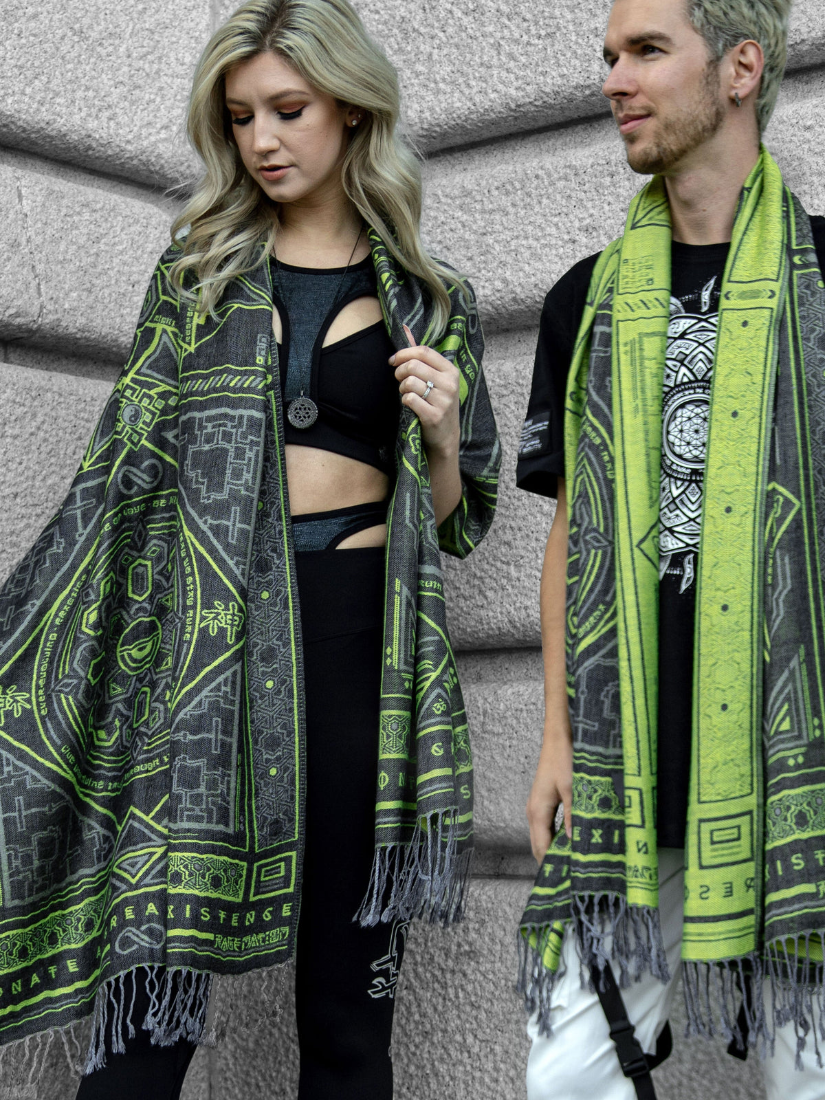 DHARMA V2 • Grey / Neon Yellow • UV REACTIVE • Festival Shawl/Scarf Shawls