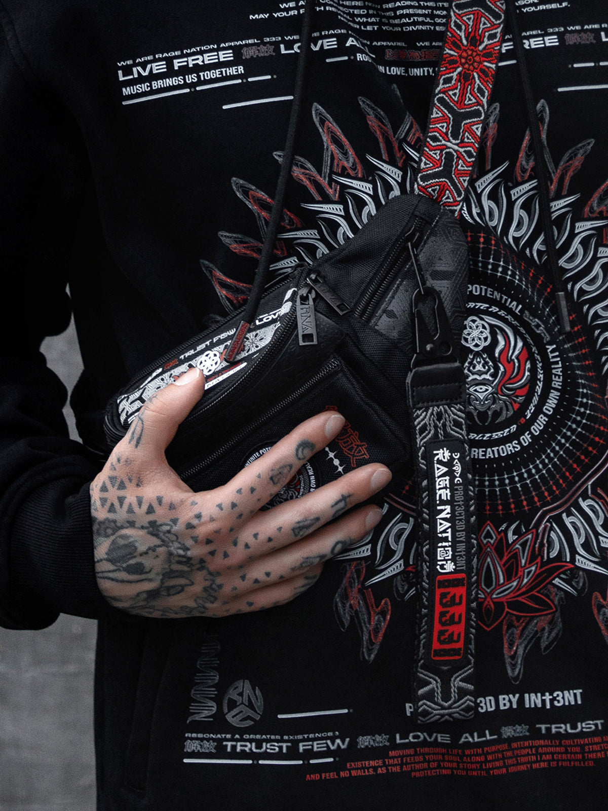 PROTECTED BY INTENT • Black/Red/Reflective Silver • Fanny Pack / Chest Bag Fanny Pack