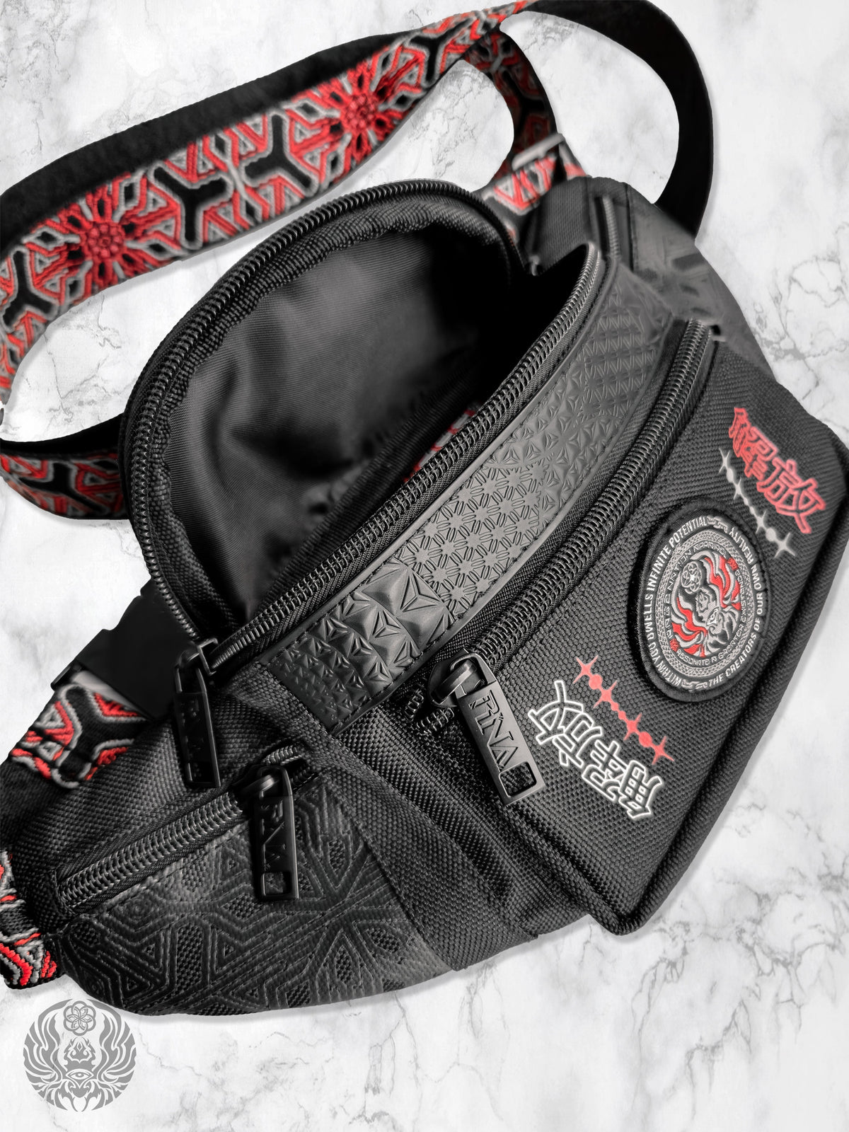 COMING SOON • PROTECTED BY INTENT • Black/Red/Reflective Silver • Fanny Pack / Chest Bag Fanny Pack