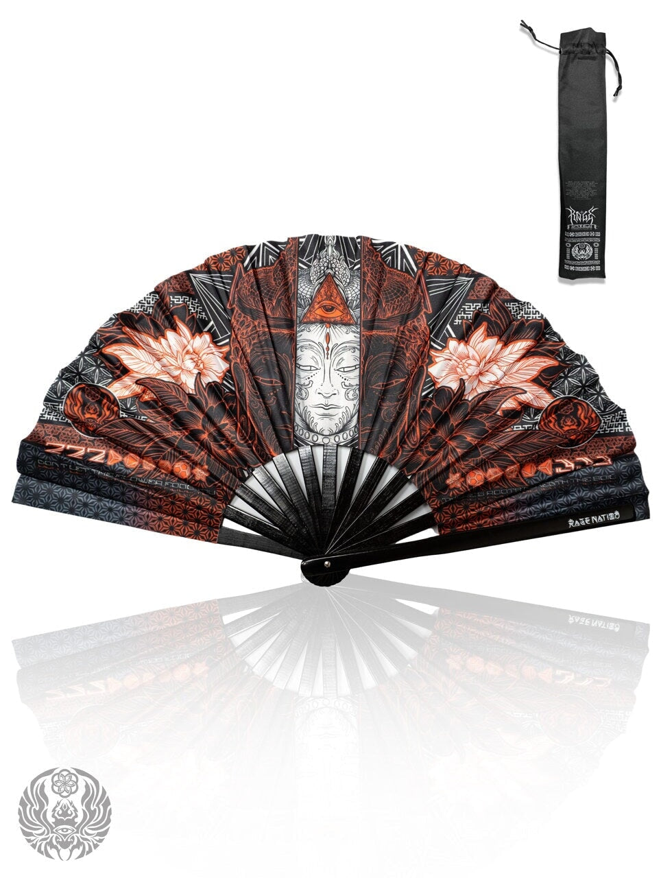WOUNDS TO WISDOM • VERMILION UV REACTIVE • Double-sided XL Bamboo Folding Fan w/ Carrier Bag Fan