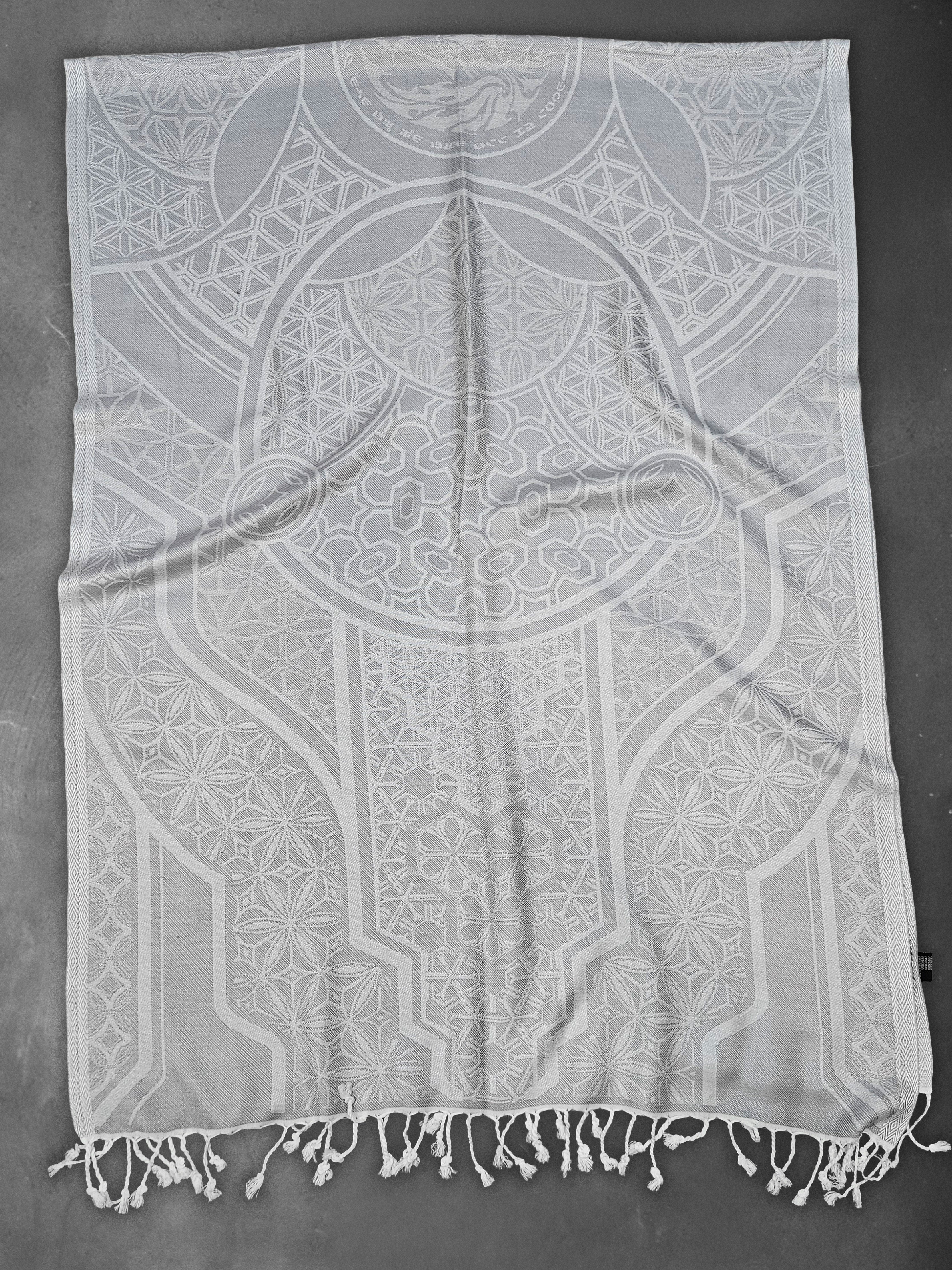 GEOMETRY OF BEING ✦ White Tassel w/ Silver Print ✦ Festival Shawl Shawls
