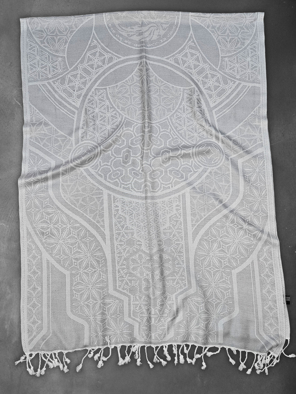 GEOMETRY OF BEING ✦ White Tassel w/ Silver Print ✦ Festival Shawl Shawls