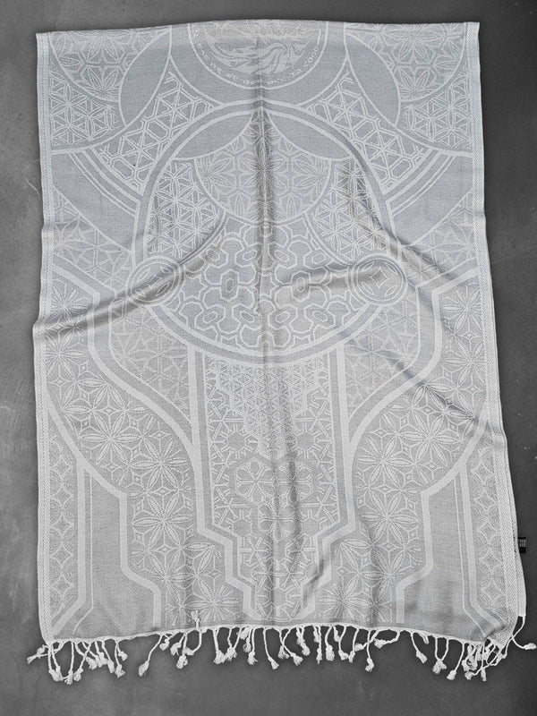 GEOMETRY OF BEING ✦ White Tassel w/ Silver Print ✦ Festival Shawl Shawls