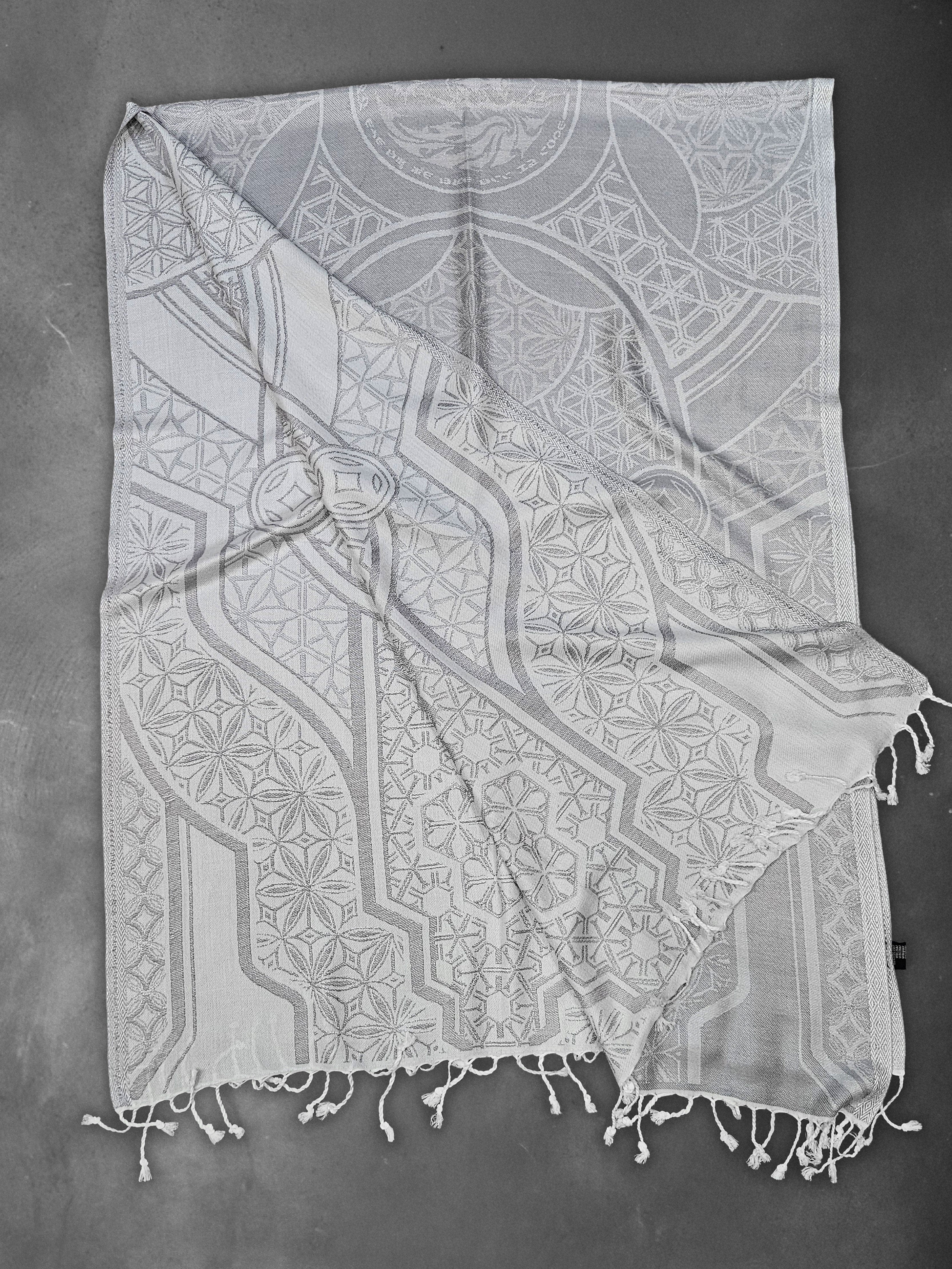 GEOMETRY OF BEING ✦ White Tassel w/ Silver Print ✦ Festival Shawl Shawls