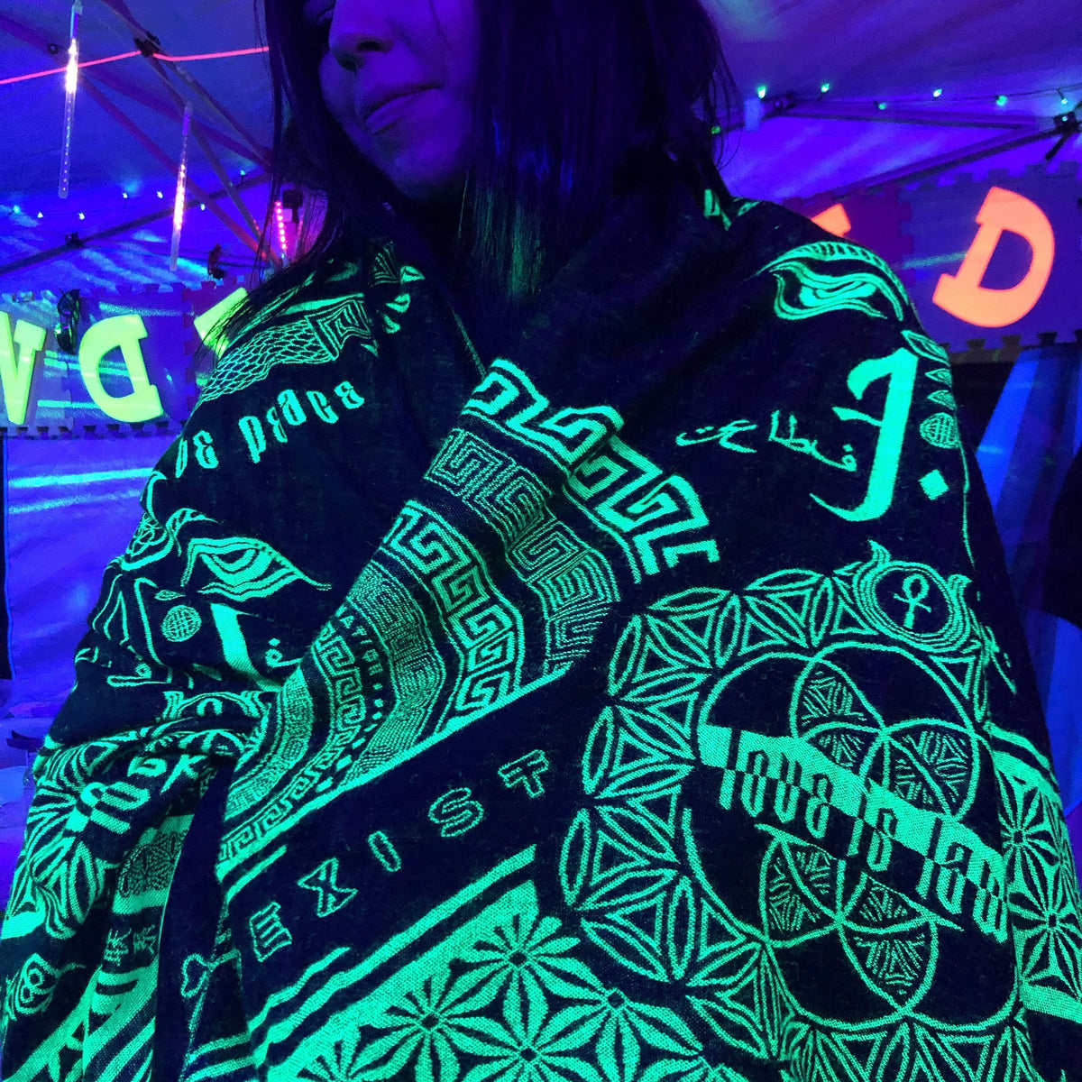 LOVE IS LAW • NUCLEAR GREEN • UV-Reactive Reversible Festival Shawl/Scarf Shawls