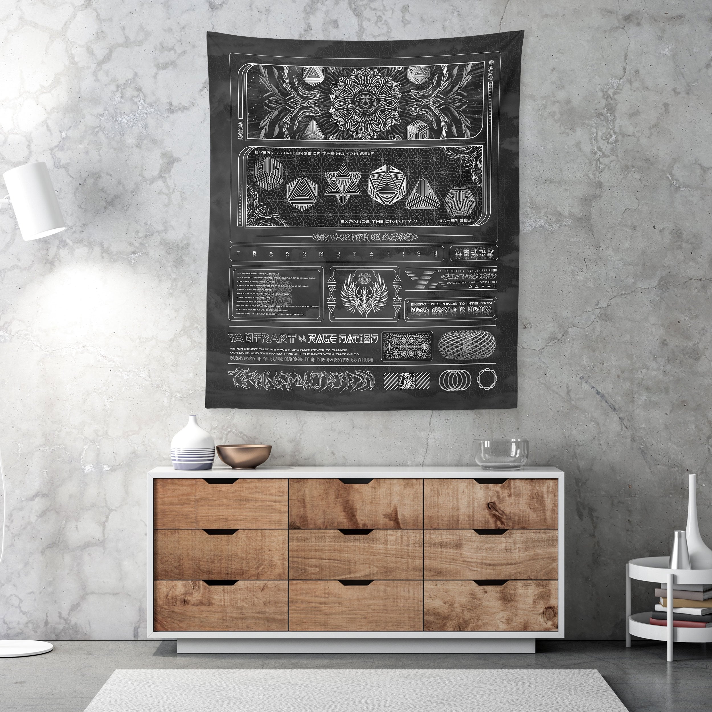TRANSMUTATION V2 BW • YANTRART x RAGE NATION • Wall Tapestry Tapestry