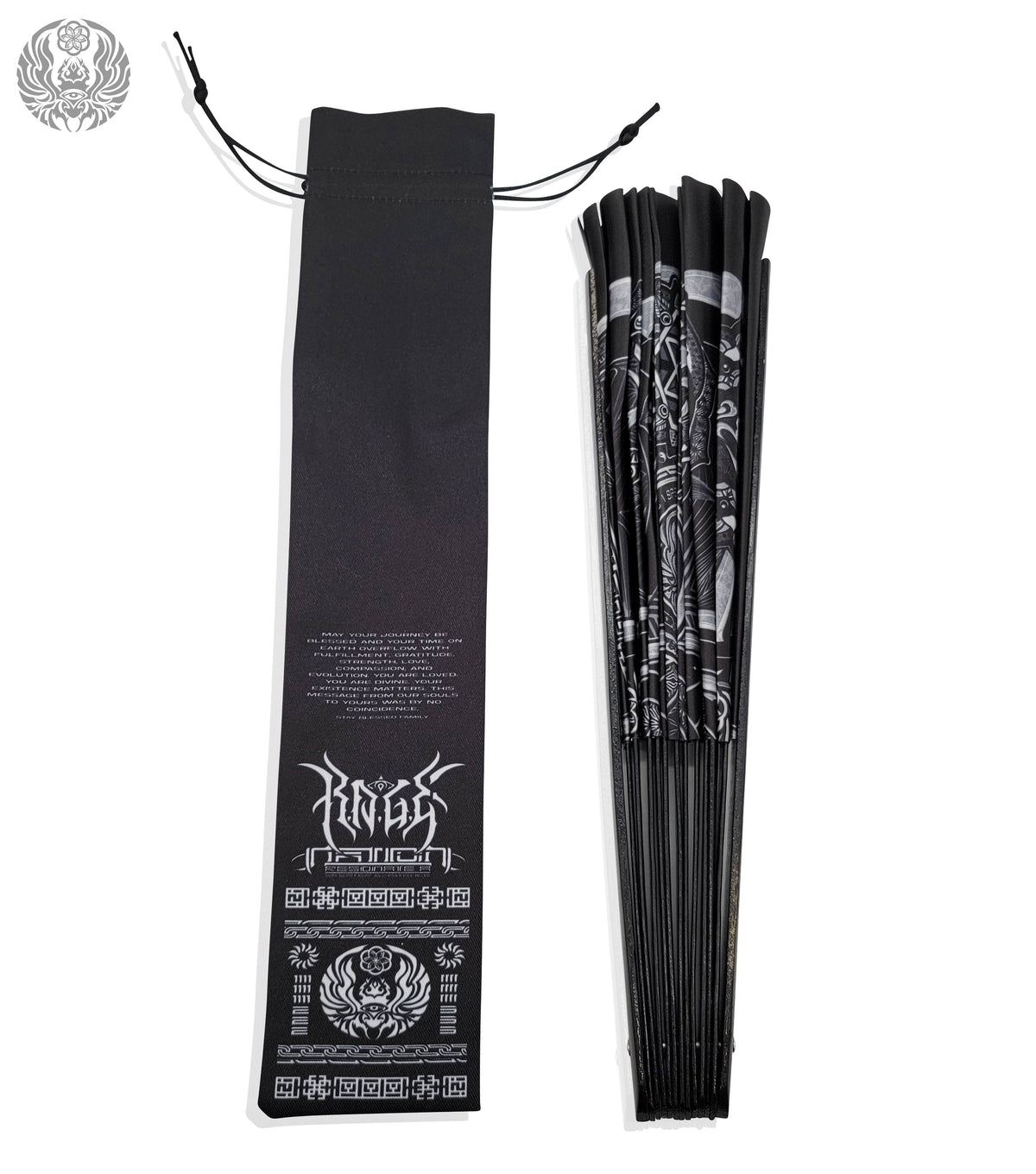 HARMONY HEALS • SILVER • Double-sided XL Bamboo Folding Fan w/ Carrier Bag Fan