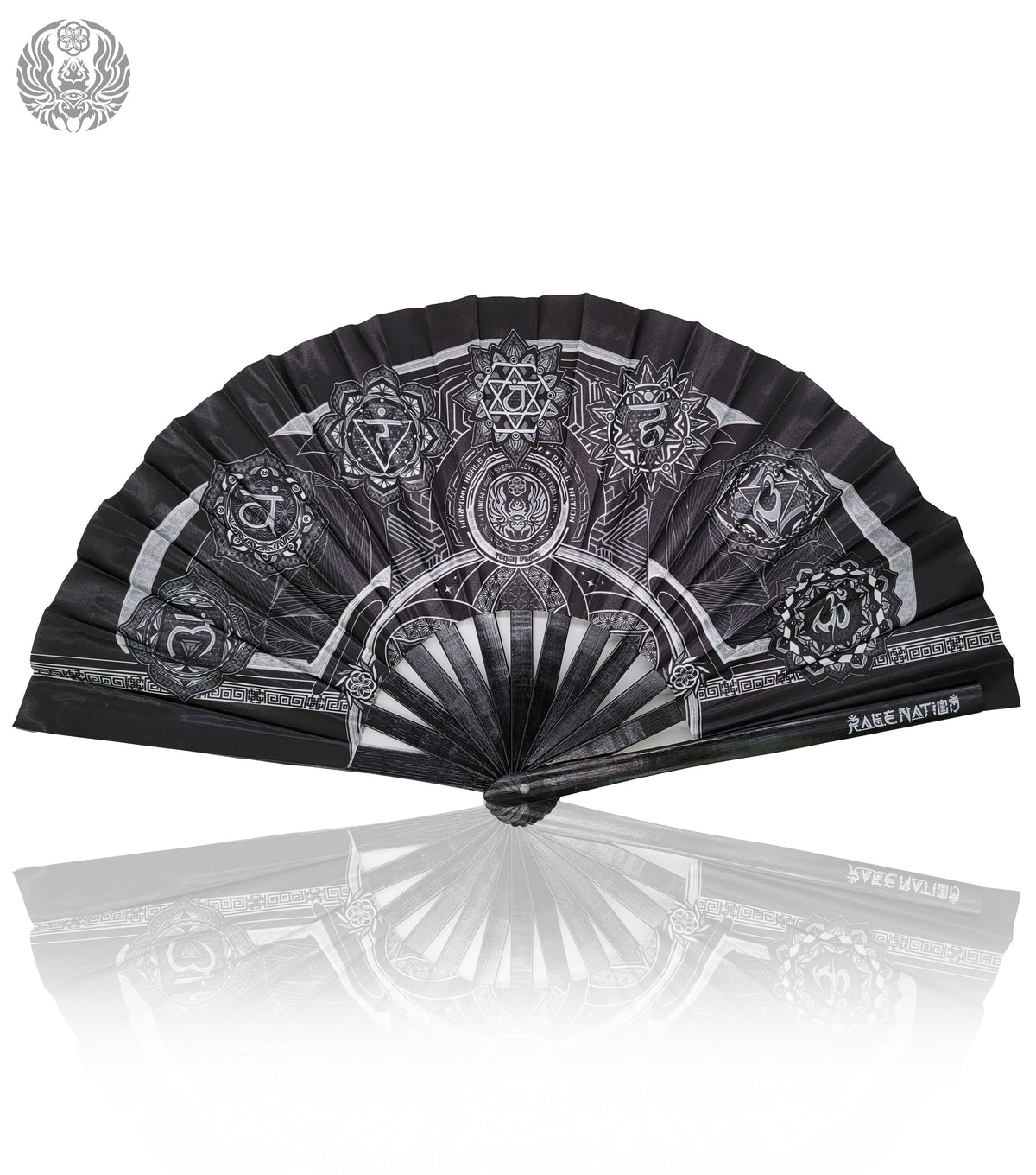 HARMONY HEALS • SILVER • Double-sided XL Bamboo Folding Fan w/ Carrier Bag Fan