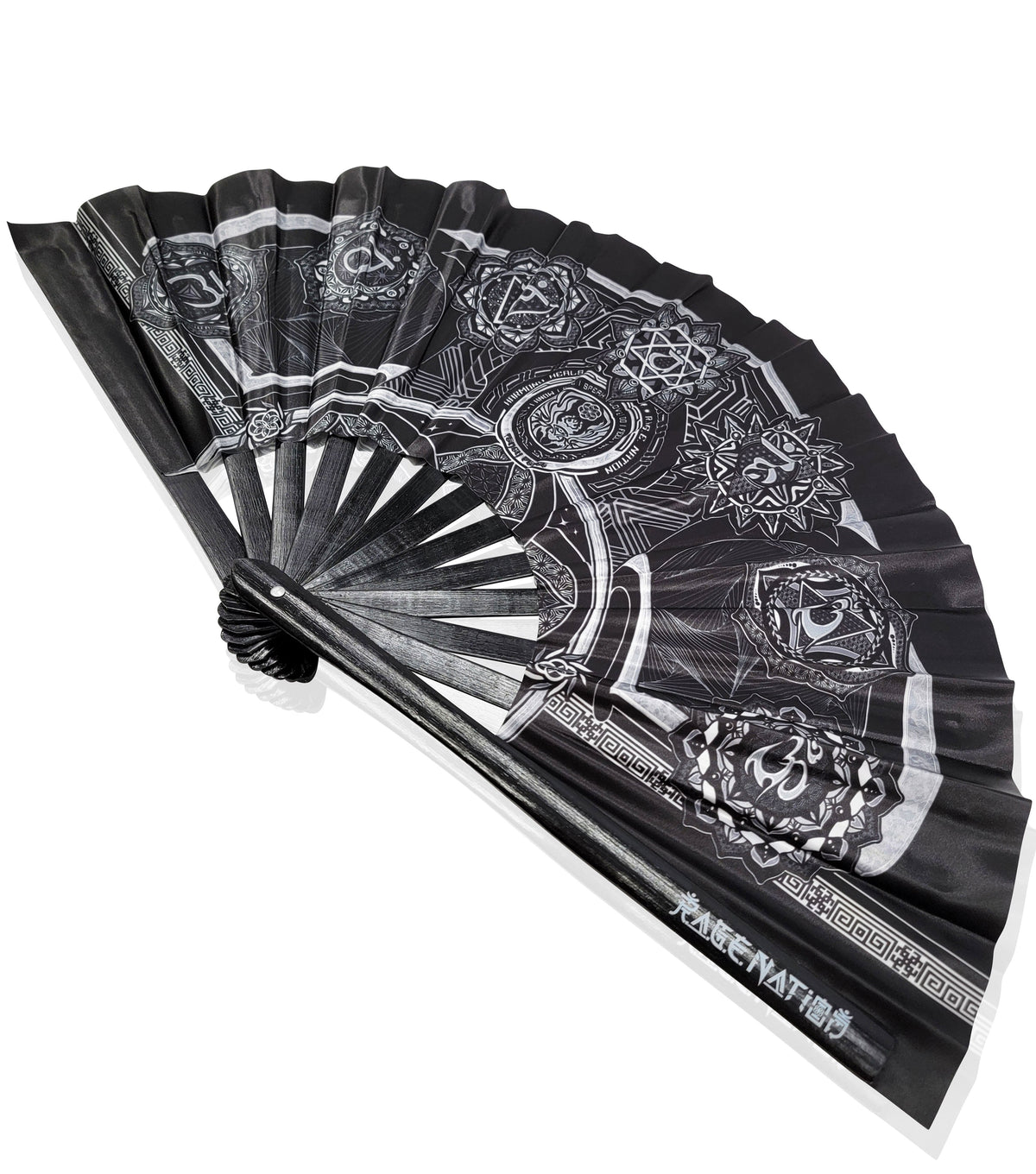 HARMONY HEALS • SILVER • Double-sided XL Bamboo Folding Fan w/ Carrier Bag Fan