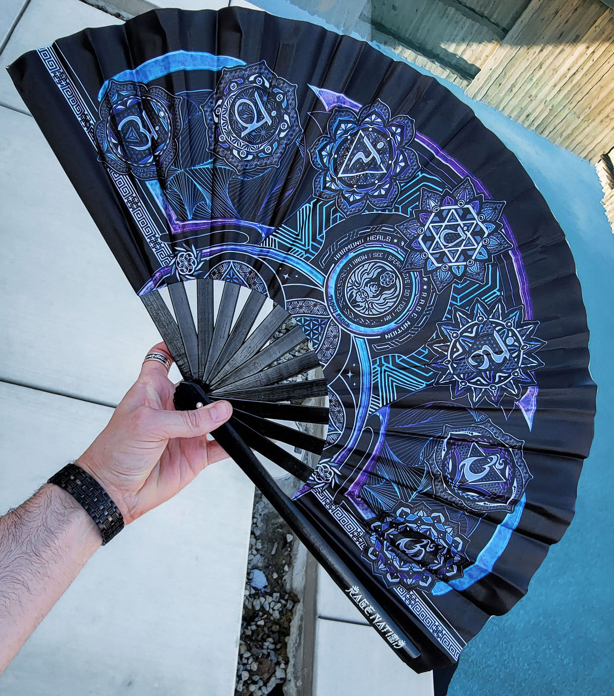 COMING SOON • HARMONY HEALS • PURPLE/BLUE • Double-sided XL Bamboo Folding Fan Fan