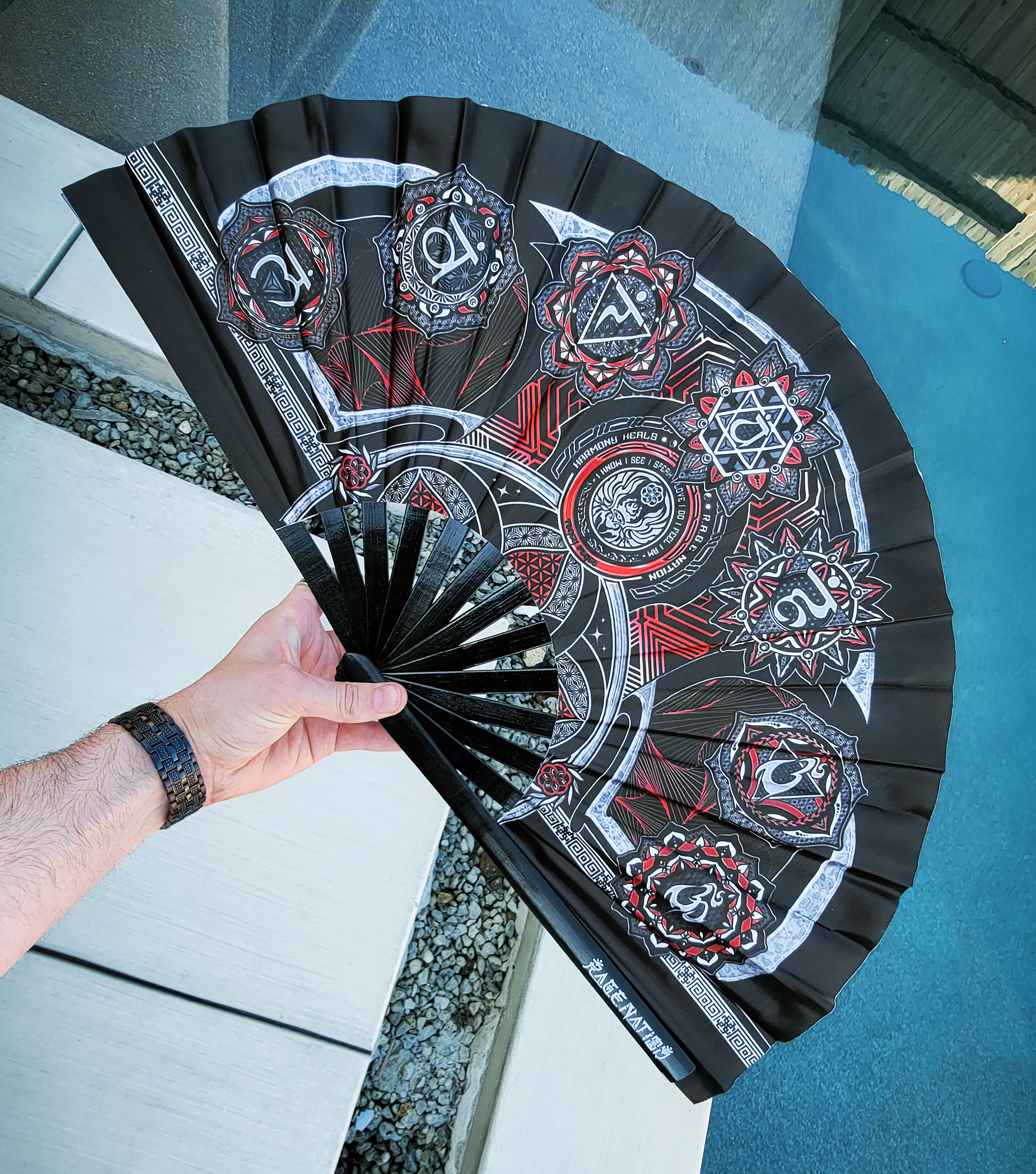 COMING SOON • HARMONY HEALS • RED • Double-sided XL Bamboo Folding Fan Fan 