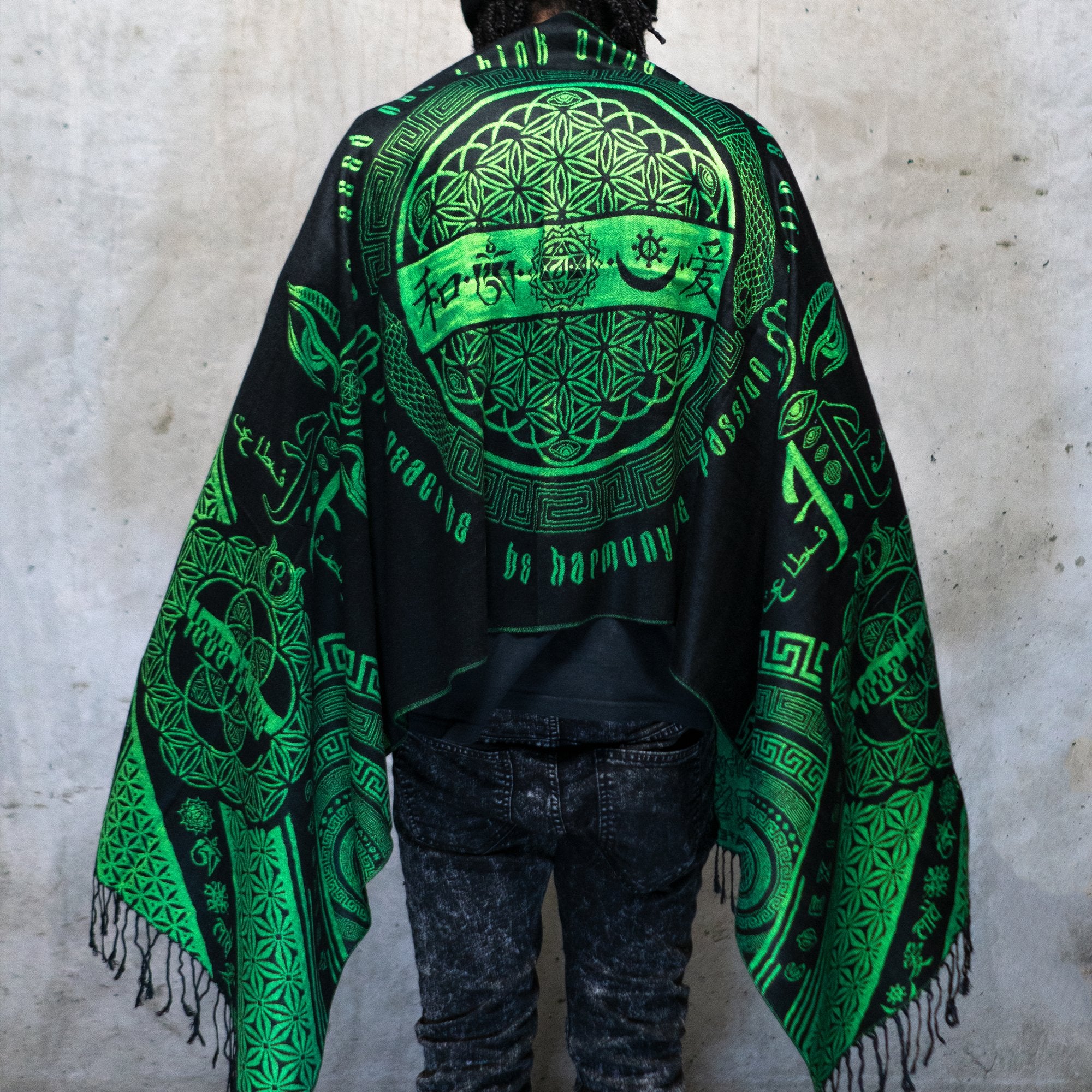 LOVE IS LAW • NUCLEAR GREEN • UV-Reactive Reversible Festival Shawl/Scarf Shawls 