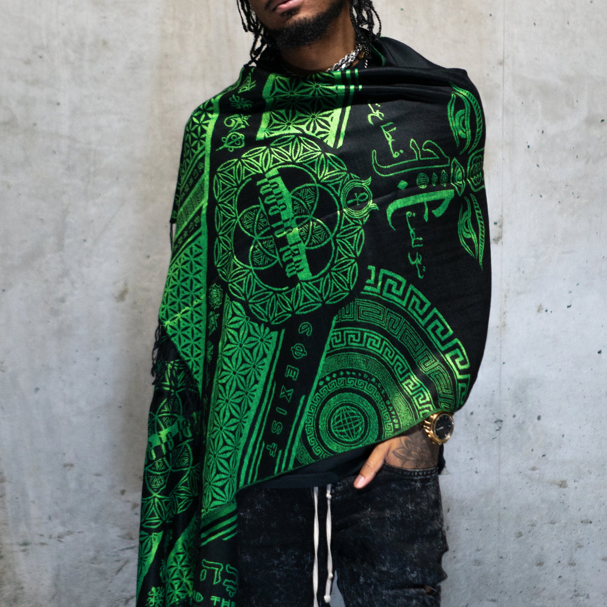LOVE IS LAW • NUCLEAR GREEN • UV-Reactive Reversible Festival Shawl/Scarf Shawls