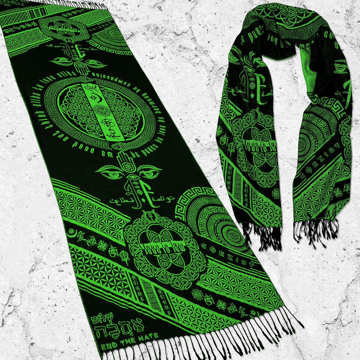 LOVE IS LAW • NUCLEAR GREEN • UV-Reactive Reversible Festival Shawl/Scarf Shawls