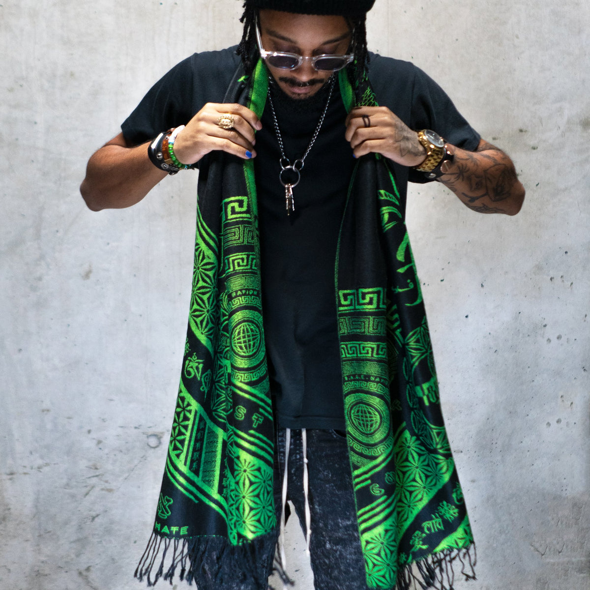 LOVE IS LAW • NUCLEAR GREEN • UV-Reactive Reversible Festival Shawl/Scarf Shawls