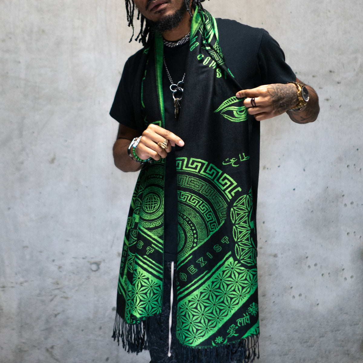 LOVE IS LAW • NUCLEAR GREEN • UV-Reactive Reversible Festival Shawl/Scarf Shawls
