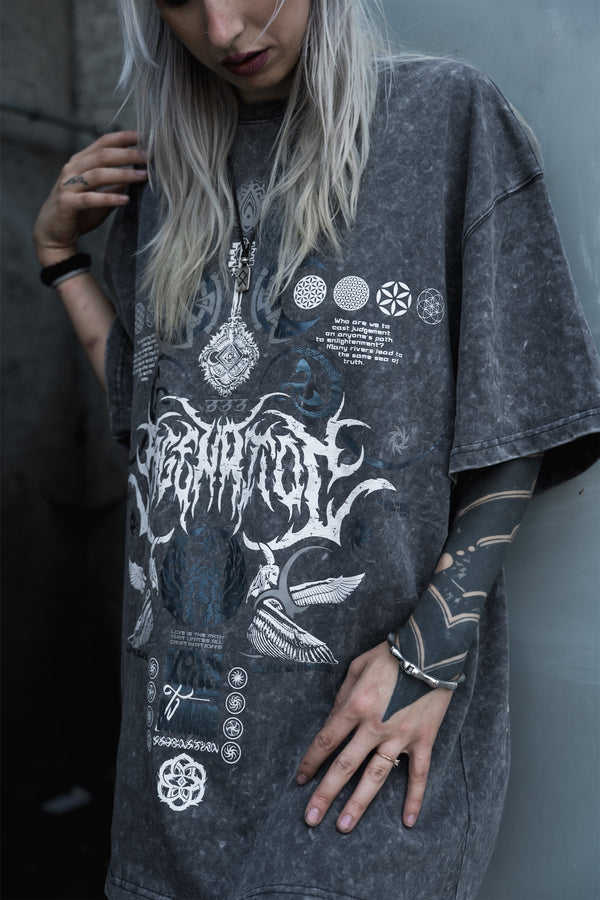 KEYS TO BECOMING ✦ Purple Iridescent + Reflective Ink ✦ Oversized Acidwash T-shirt T-Shirt 
