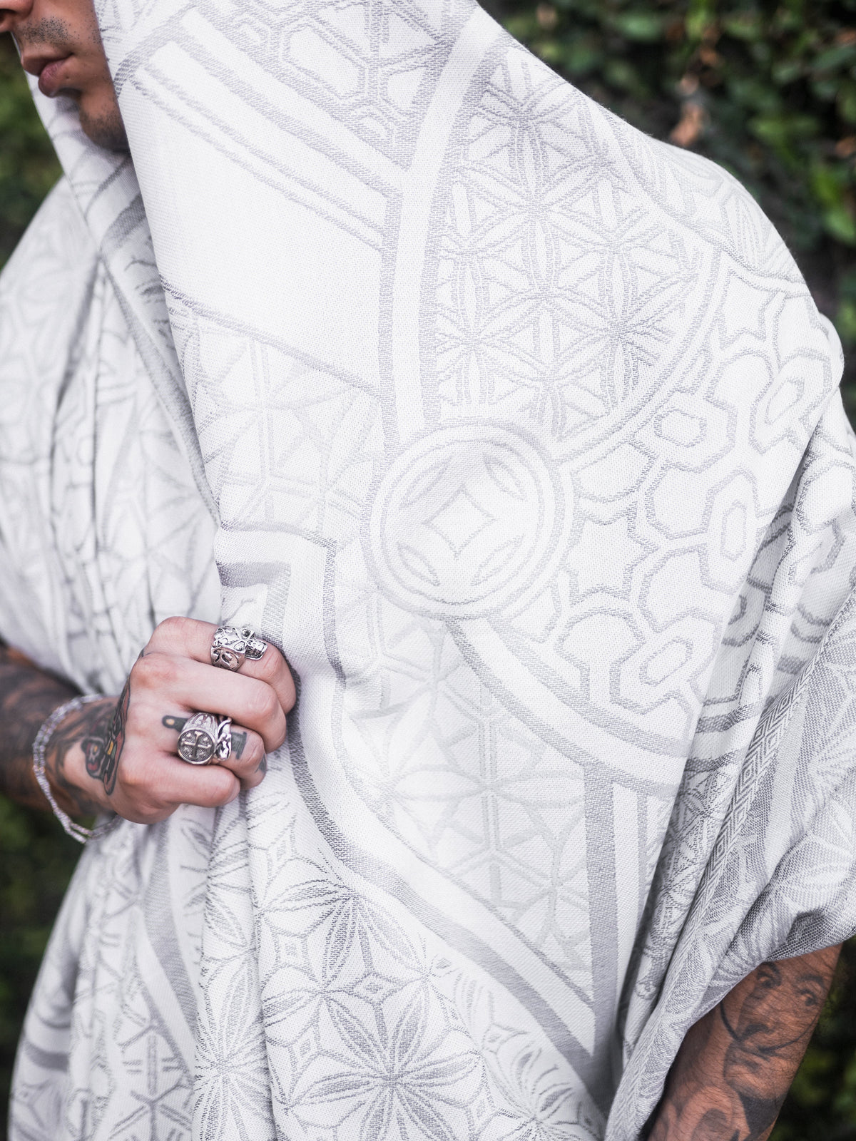GEOMETRY OF BEING ✦ White Tassel w/ Silver Print ✦ Festival Shawl Shawls 