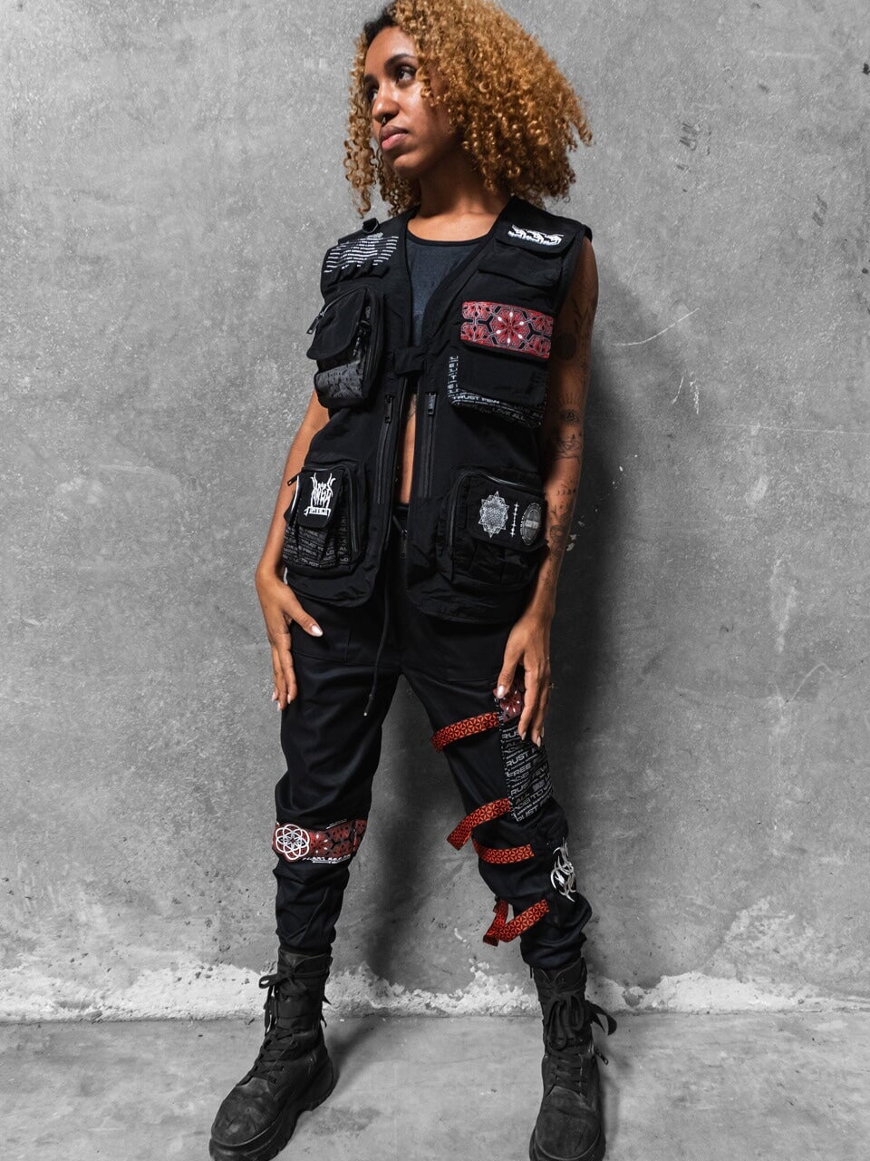 PROTECTED BY INTENT • Vest + Tactical Joggers + Red Shawl Set 