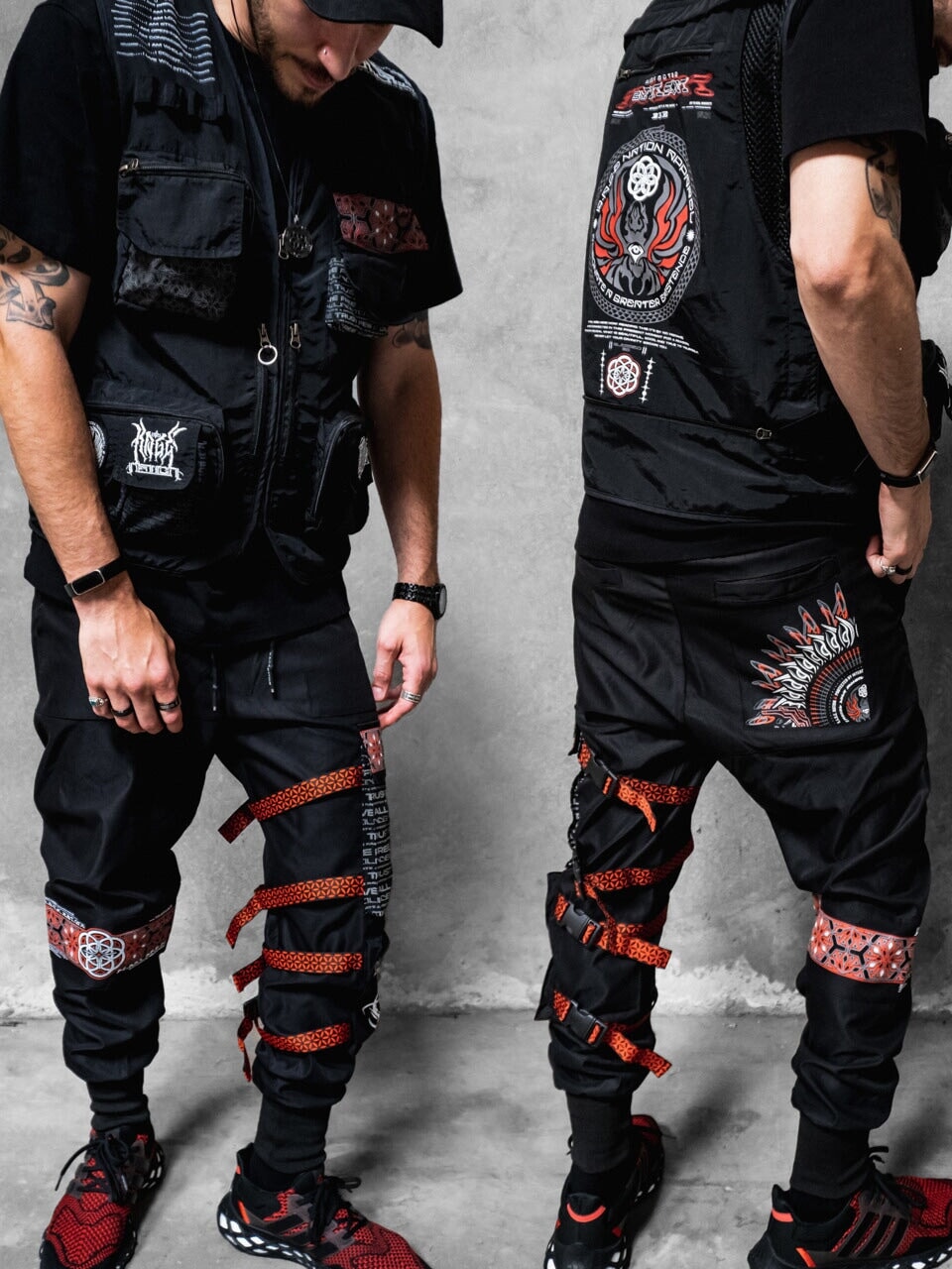 PROTECTED BY INTENT • Vest + Tactical Joggers + Red Shawl Set 