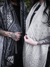 GEOMETRY OF BEING ✦ White Tassel w/ Silver Print ✦ Festival Shawl Shawls 