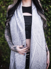 GEOMETRY OF BEING ✦ White Tassel w/ Silver Print ✦ Festival Shawl Shawls 