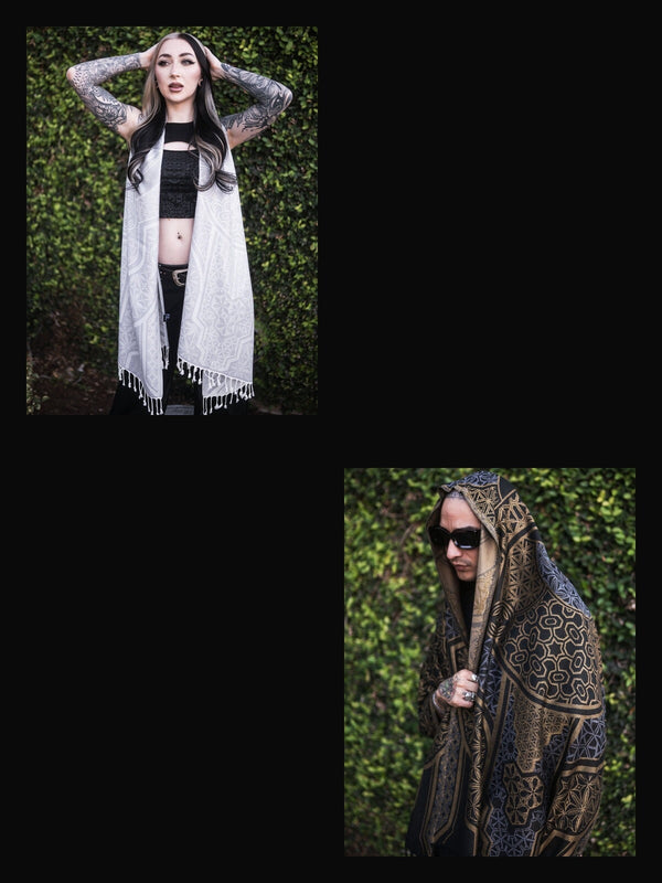 GEOMETRY OF BEING PAIR ✦ White Tassel + Gold/Silver ✦ Festival Shawls Bundle 