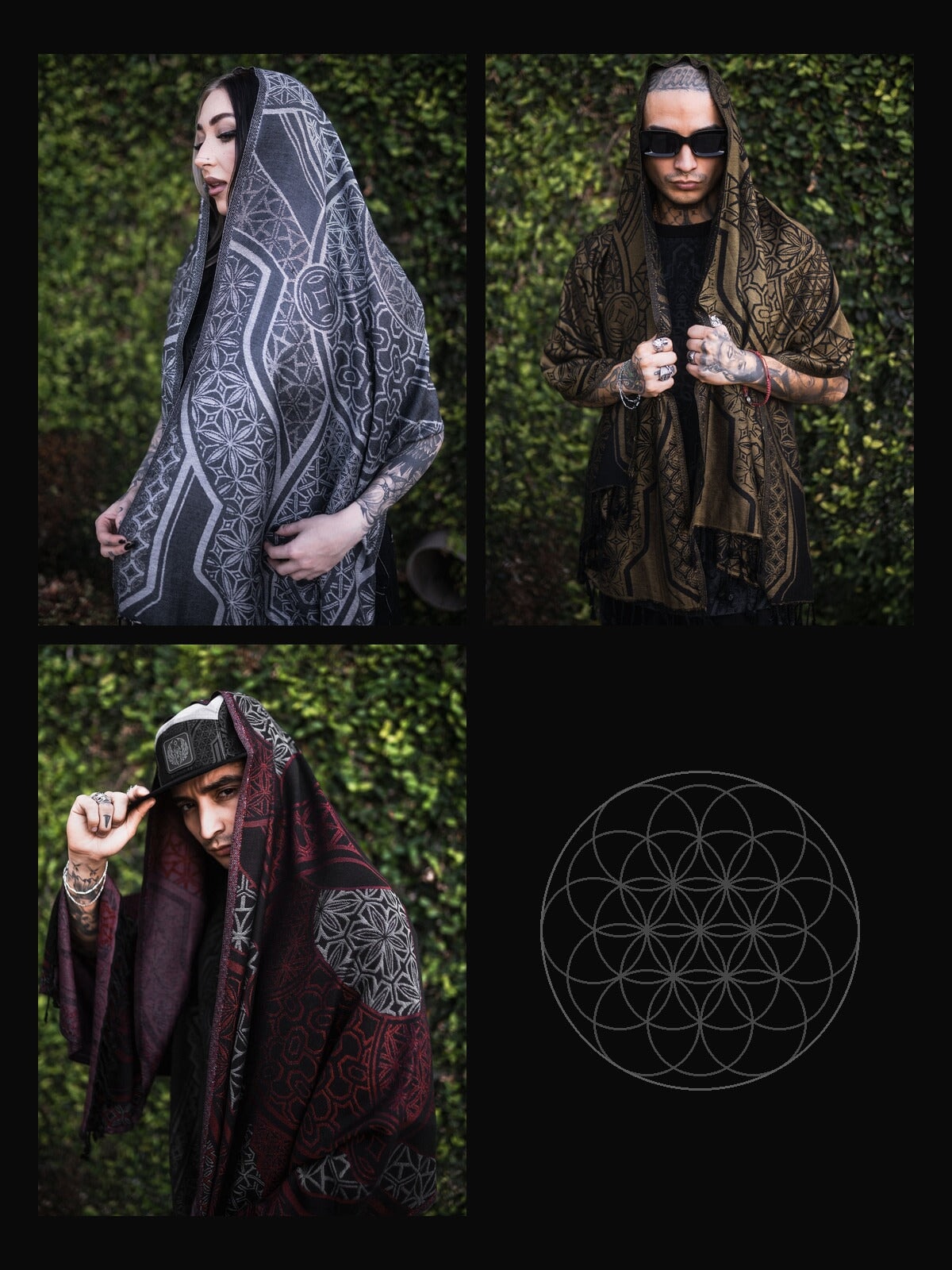 GEOMETRY OF BEING TRINITY ✦ White + Antique Gold + Crimson/Grey ✦ Festival Shawls Bundle 