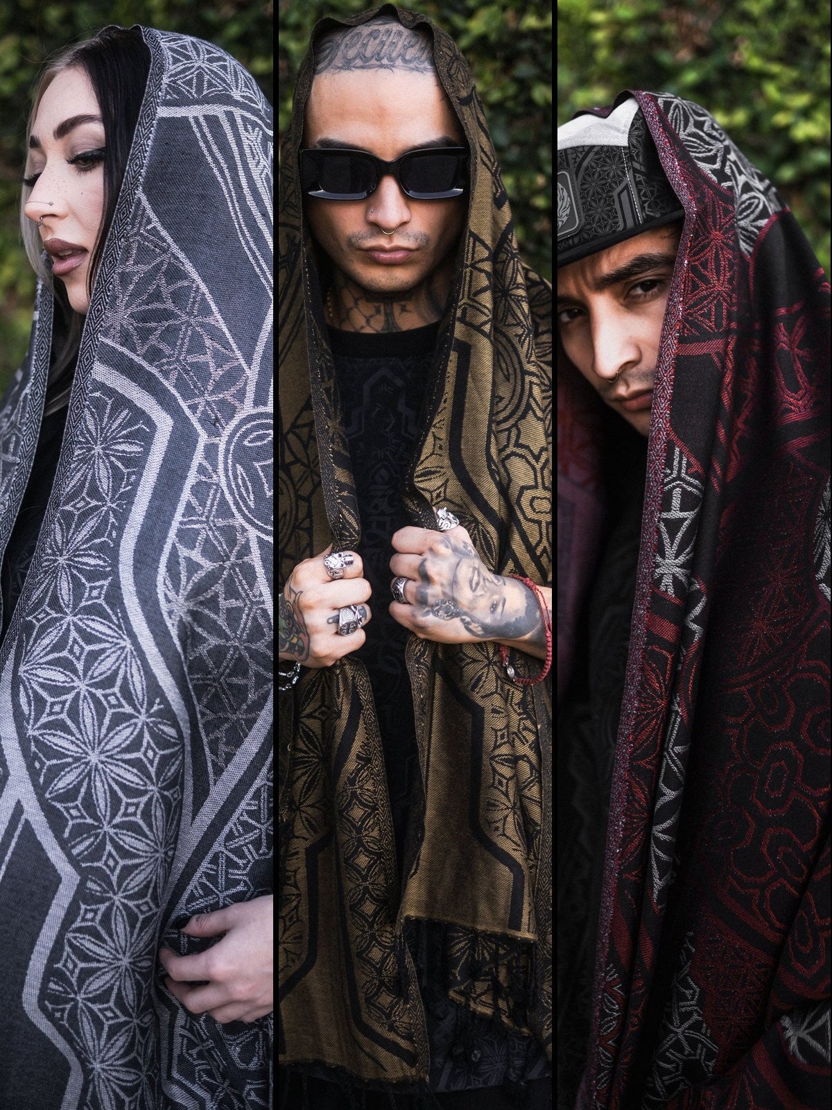 GEOMETRY OF BEING TRINITY ✦ White + Antique Gold + Crimson/Grey ✦ Festival Shawls 