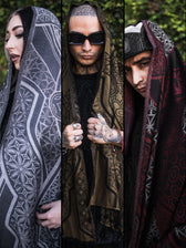 GEOMETRY OF BEING TRINITY ✦ White + Antique Gold + Crimson/Grey ✦ Festival Shawls 