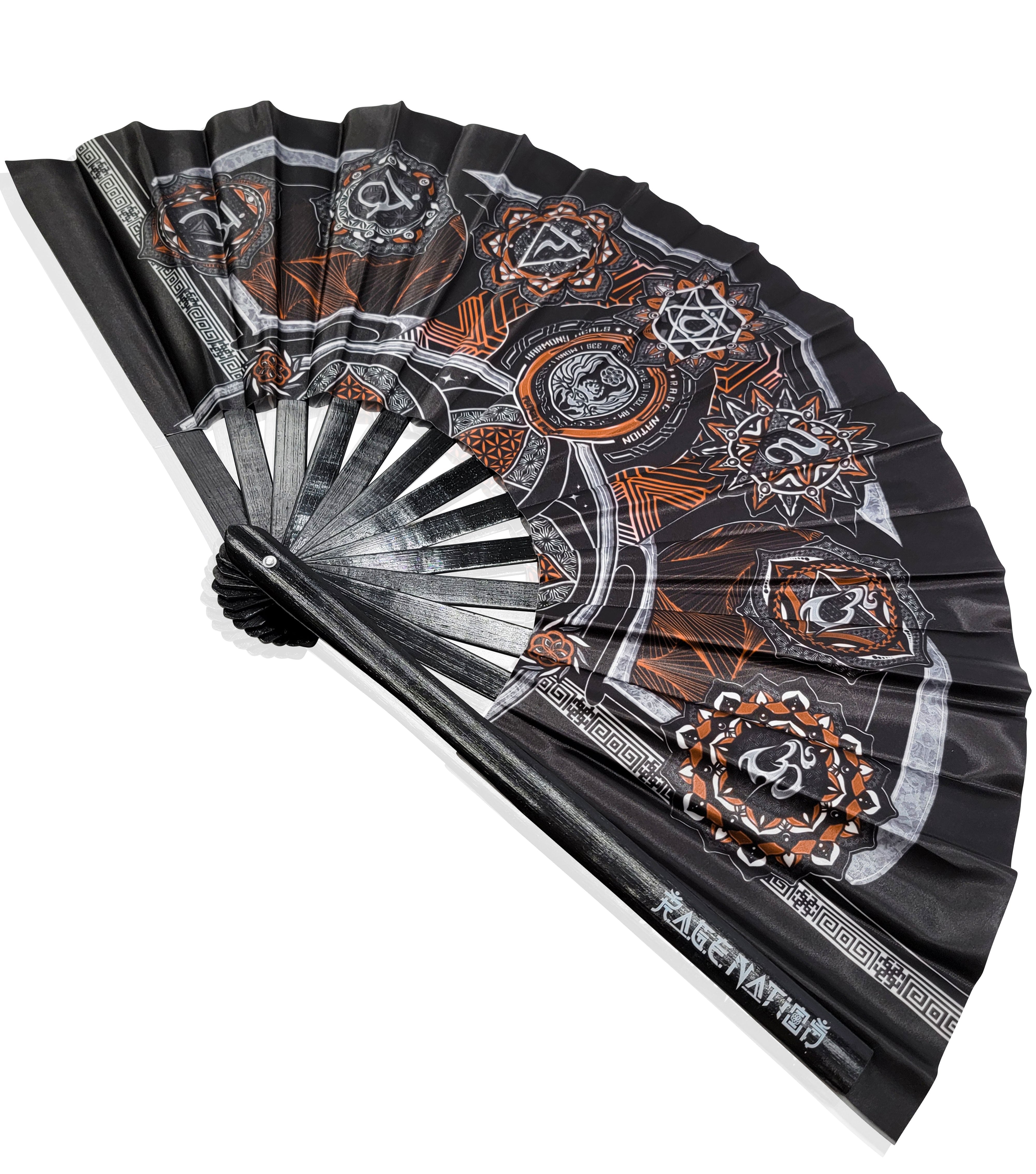 HARMONY HEALS • ORANGE UV REACTIVE • Double-sided XL Bamboo Folding Fan Fan 