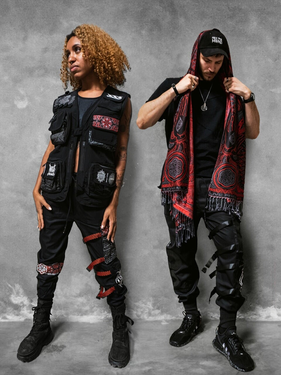 PROTECTED BY INTENT • VEST + TACTICAL JOGGERS + RED SHAWL SET 