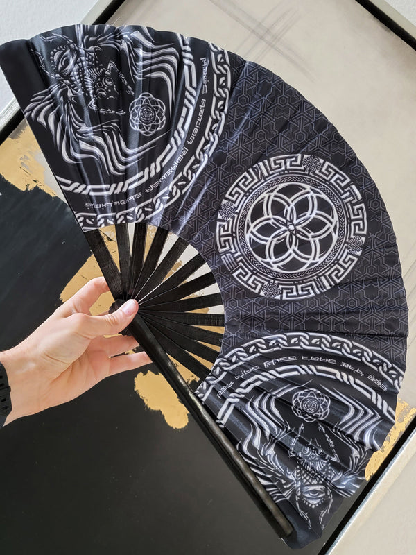 FOREVER EVOLVING SCARAB • BLACK/WHITE • Double-sided XL Bamboo Folding Fan Fan 