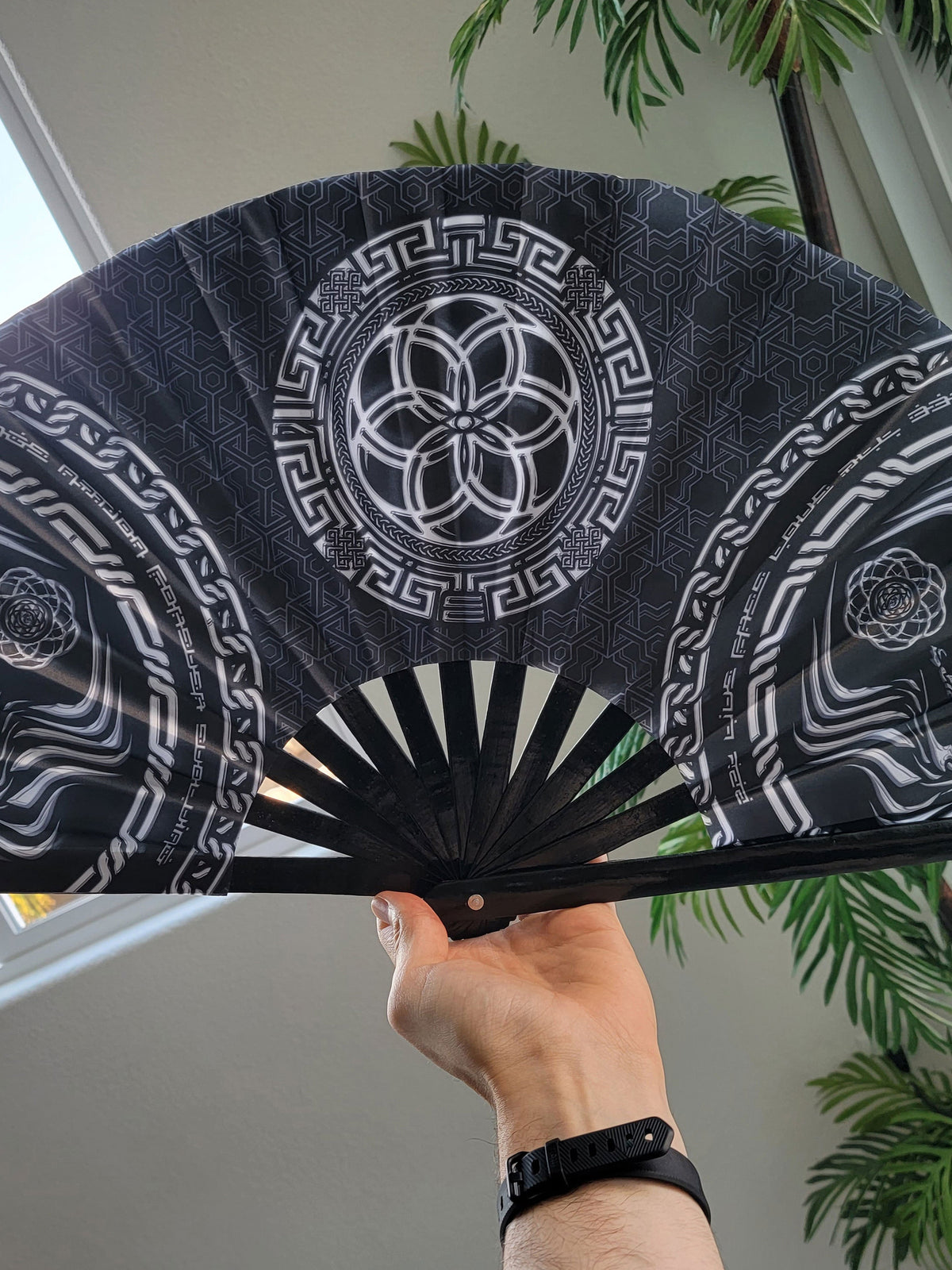 FOREVER EVOLVING SCARAB • BLACK/WHITE • Double-sided XL Bamboo Folding Fan Fan 