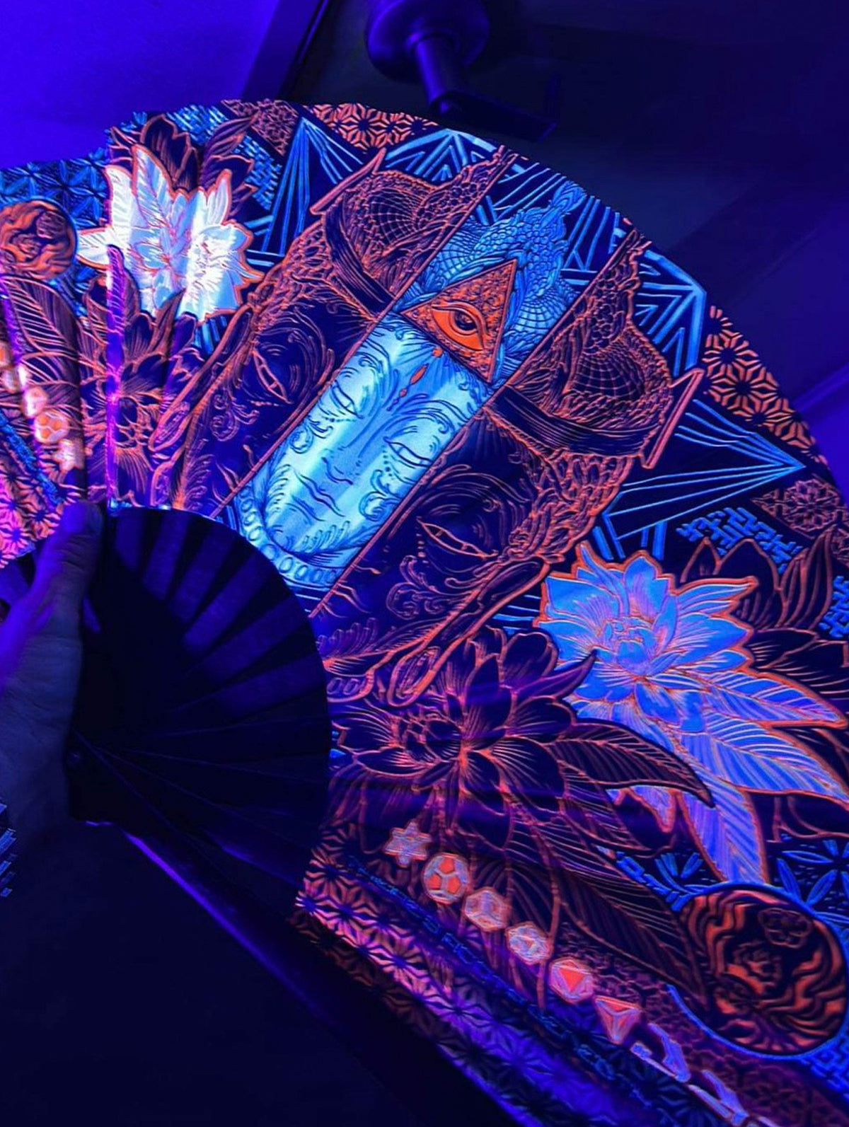 WOUNDS TO WISDOM • VERMILION UV REACTIVE • Double-sided XL Bamboo Folding Fan w/ Carrier Bag Fan 