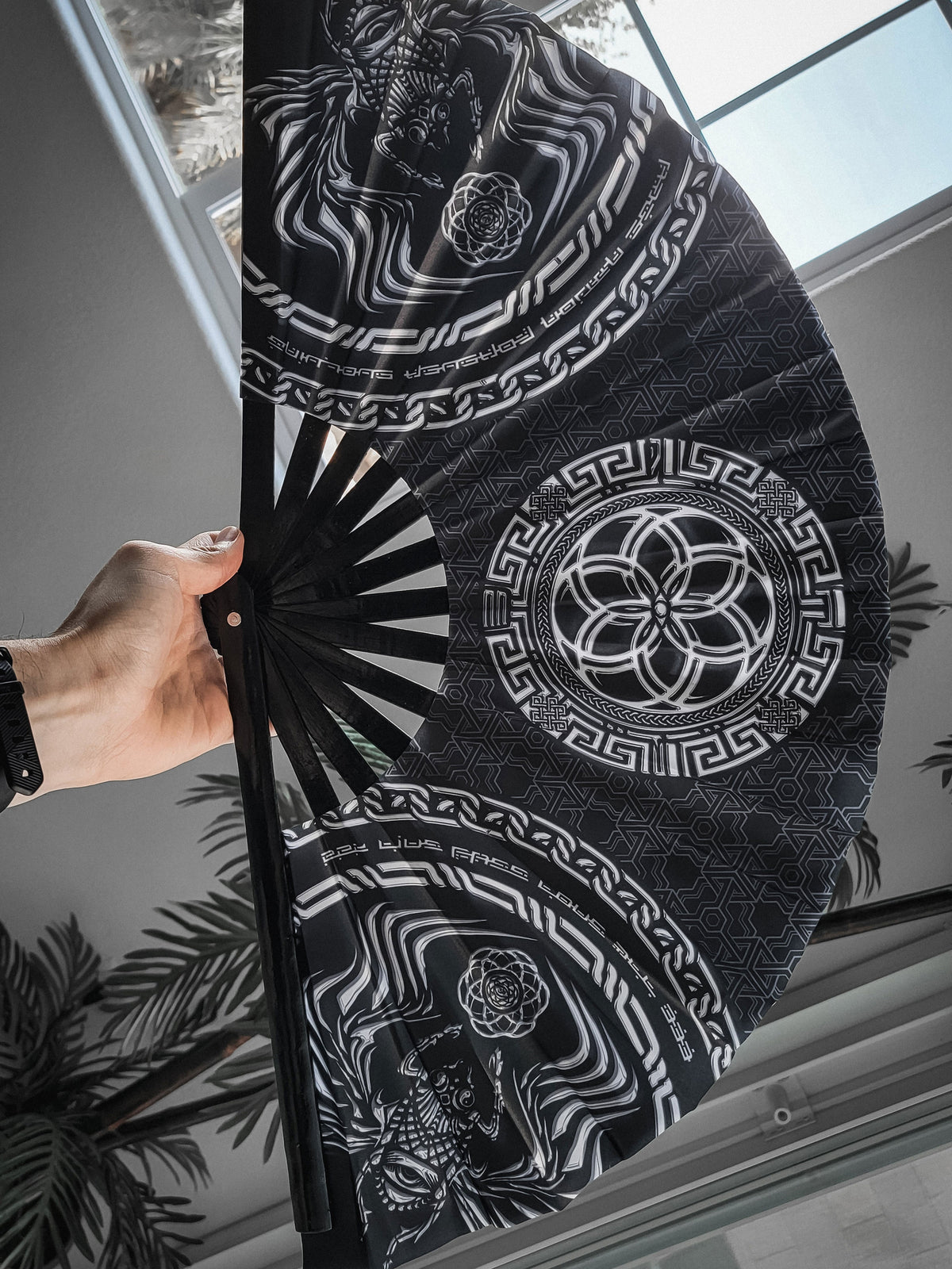 FOREVER EVOLVING SCARAB • BLACK/WHITE • Double-sided XL Bamboo Folding Fan Fan 