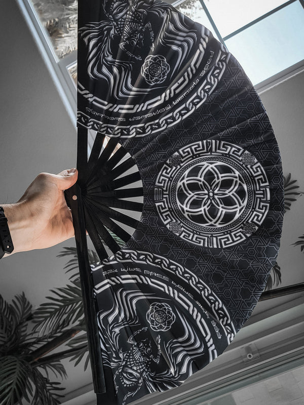 FOREVER EVOLVING SCARAB • BLACK/WHITE • Double-sided XL Bamboo Folding Fan Fan 