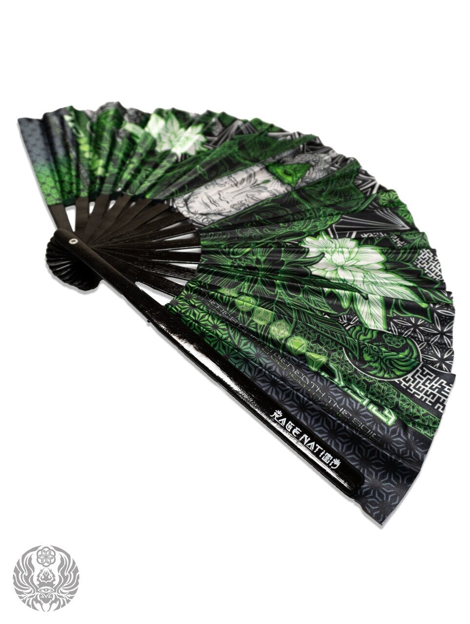 WOUNDS TO WISDOM • NEON GREEN UV REACTIVE • Double-sided XL Bamboo Folding Fan w/ Carrier Bag Fan 