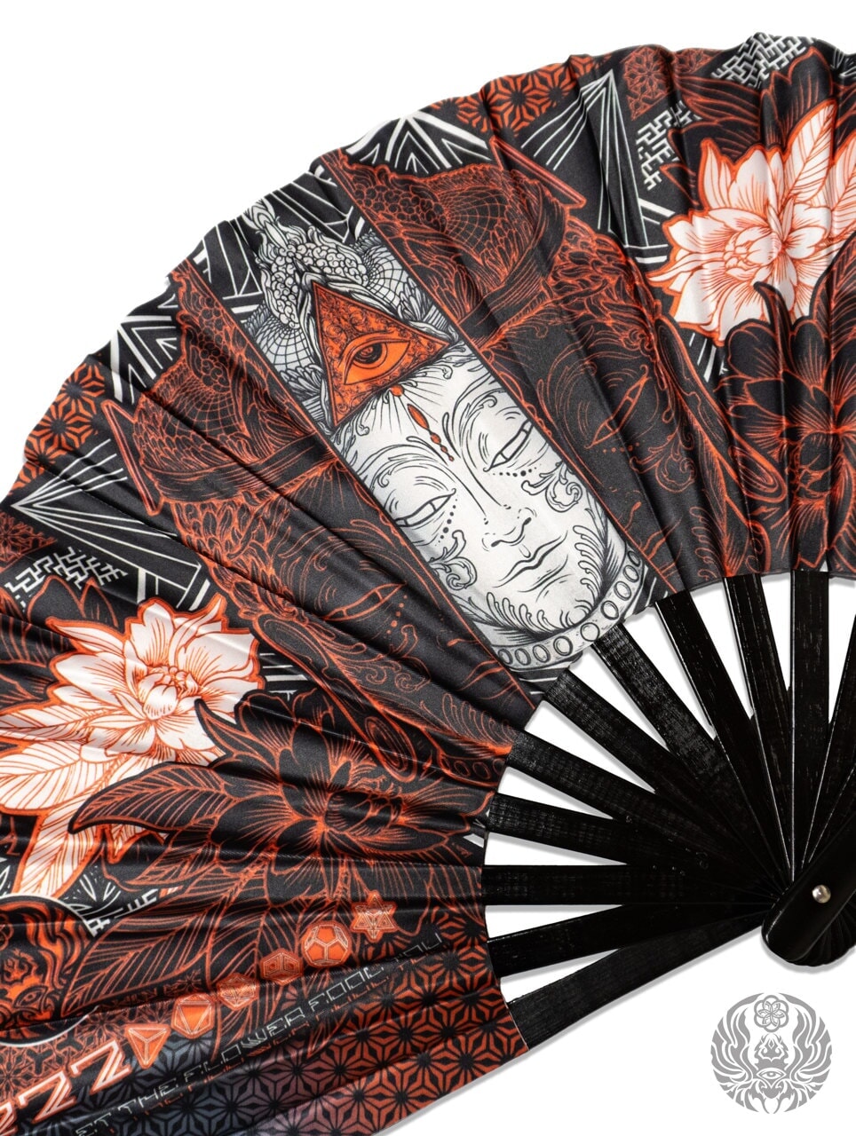 WOUNDS TO WISDOM • VERMILION UV REACTIVE • Double-sided XL Bamboo Folding Fan w/ Carrier Bag Fan 