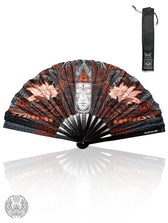 WOUNDS TO WISDOM • VERMILION UV REACTIVE • Double-sided XL Bamboo Folding Fan w/ Carrier Bag Fan 