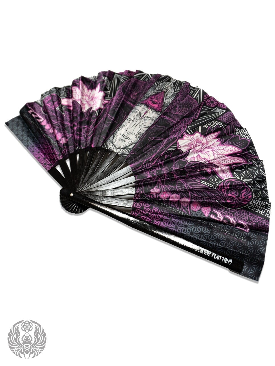 WOUNDS TO WISDOM • PINK UV REACTIVE • Double-sided XL Bamboo Folding Fan w/ Carrier Bag Fan 